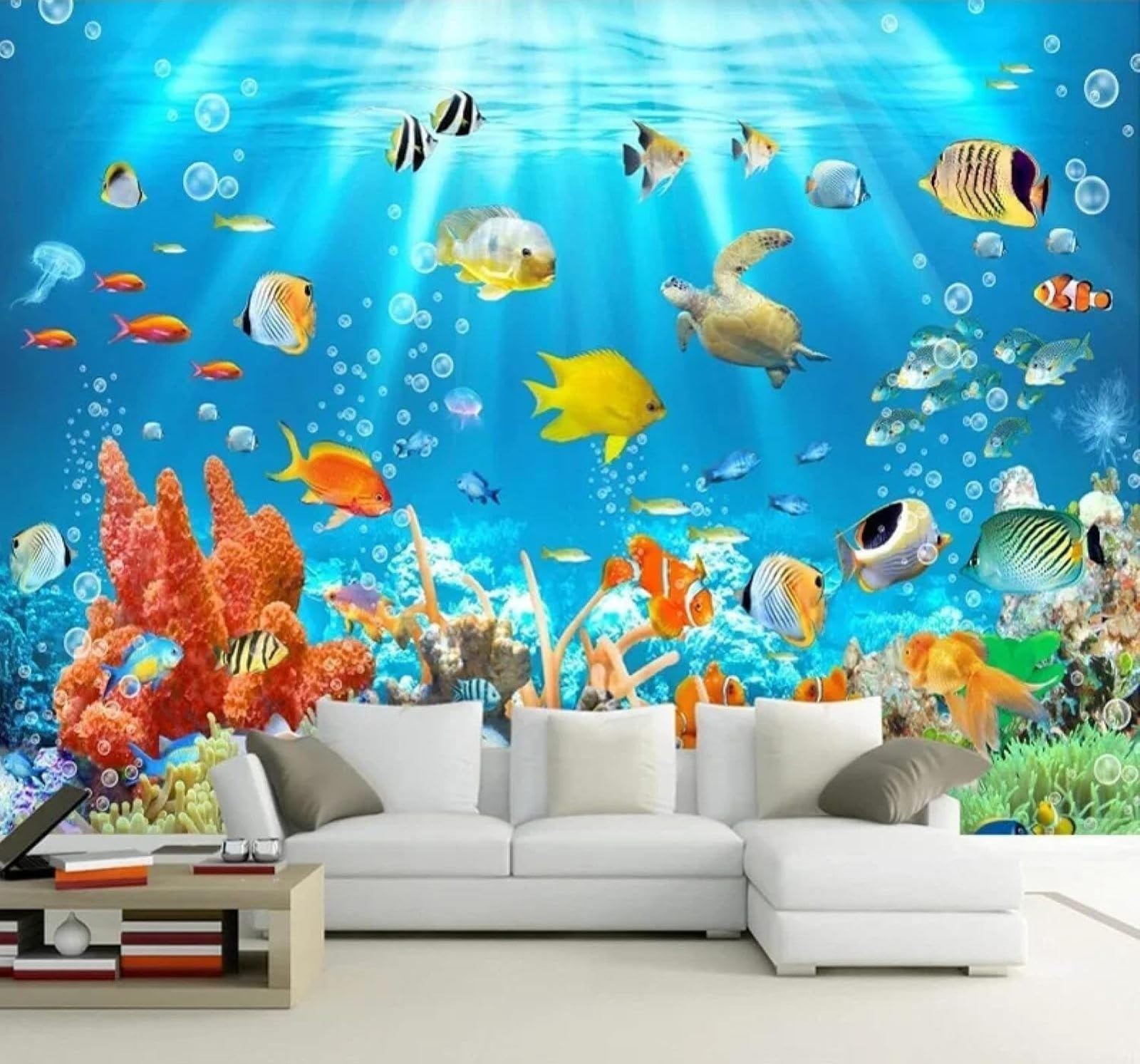 XLMING Relief Beautiful Underwater World Fish Coral 3D Wallpaper Silky Texture Home Study Office Grey Dining Room Sofa Bedroom Living Room TV Backdrop-400cm×280cm