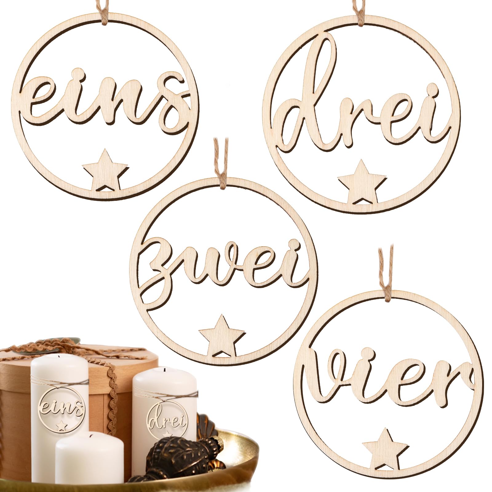 BETESSIN Advent Wreath Numbers 1-4 - Set of 4 Wooden Numbers for Advent Candles & Candle Holders - Advent Wreath Wooden Decorative Numbers - Advent Numbers 1 2 3 4 Candle Pendants for Advent Wreath