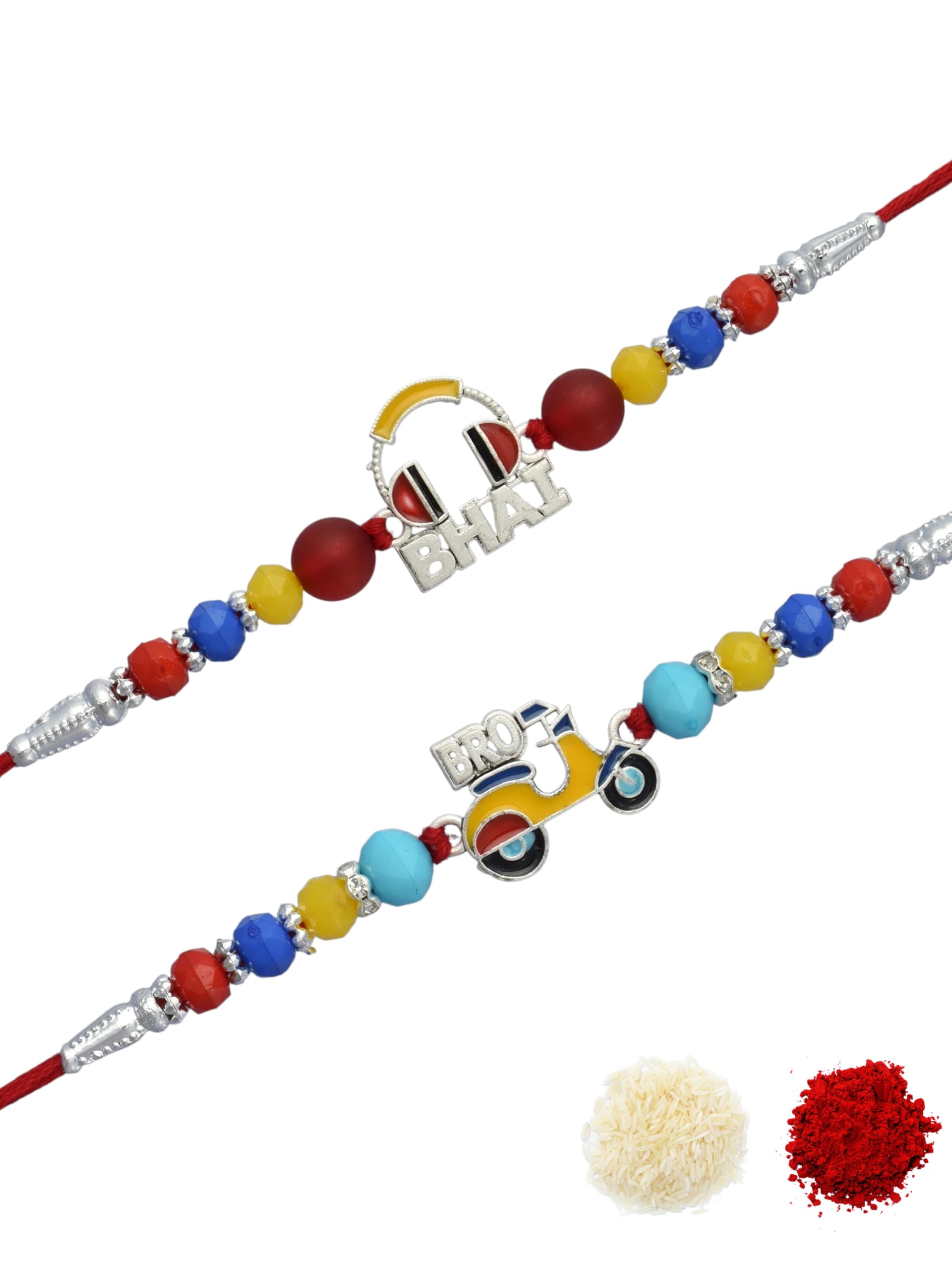 Premium Traditional Silver Plated Combo of 2 Cotton Thread Multi-coloured Beaded Festive Rakhi for Brother, Bhaiya, Bhai, Kids with Roli Chawal and Greeting Card for Raksha Bandhan-34-image-47