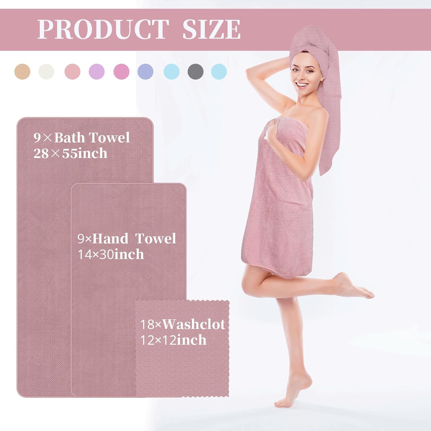 36 Pcs Bath Towels Sets with 9 Colors,Coral Velvet, 9 Bath Cloths, 9 Hand Towels, and 18 Wash Cloths for Shower, Spa, Hotel Gift