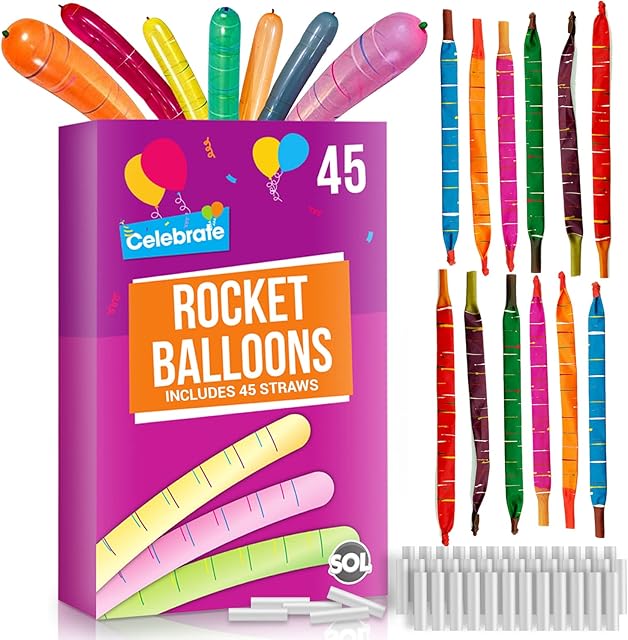 45pk SOL Rocket Balloons Assorted Colours | Flying Balloons | Party Balloons Whistling Balloons Party Bag Fillers for Kids | Noisy Balloons | Screaming Balloons Latex Balloons Loot Bags Favours