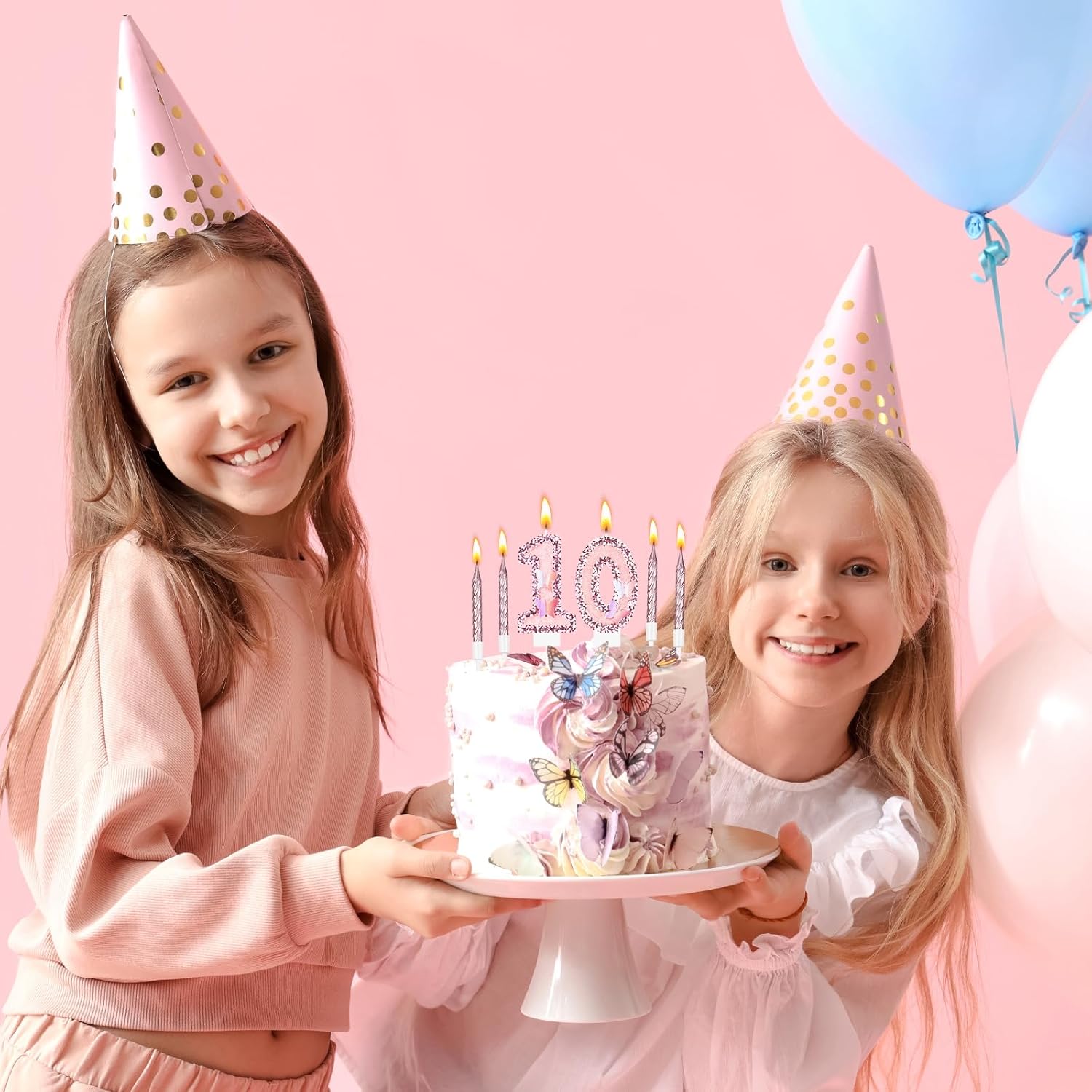 Amylove 10 Birthday Candle Pink Glitter Birthday Candles for Girls Princess Sequin 10th Number Happy Cake Topper with 10 Long Thin Cupcake Candle for Party Cake Topper Party Decor