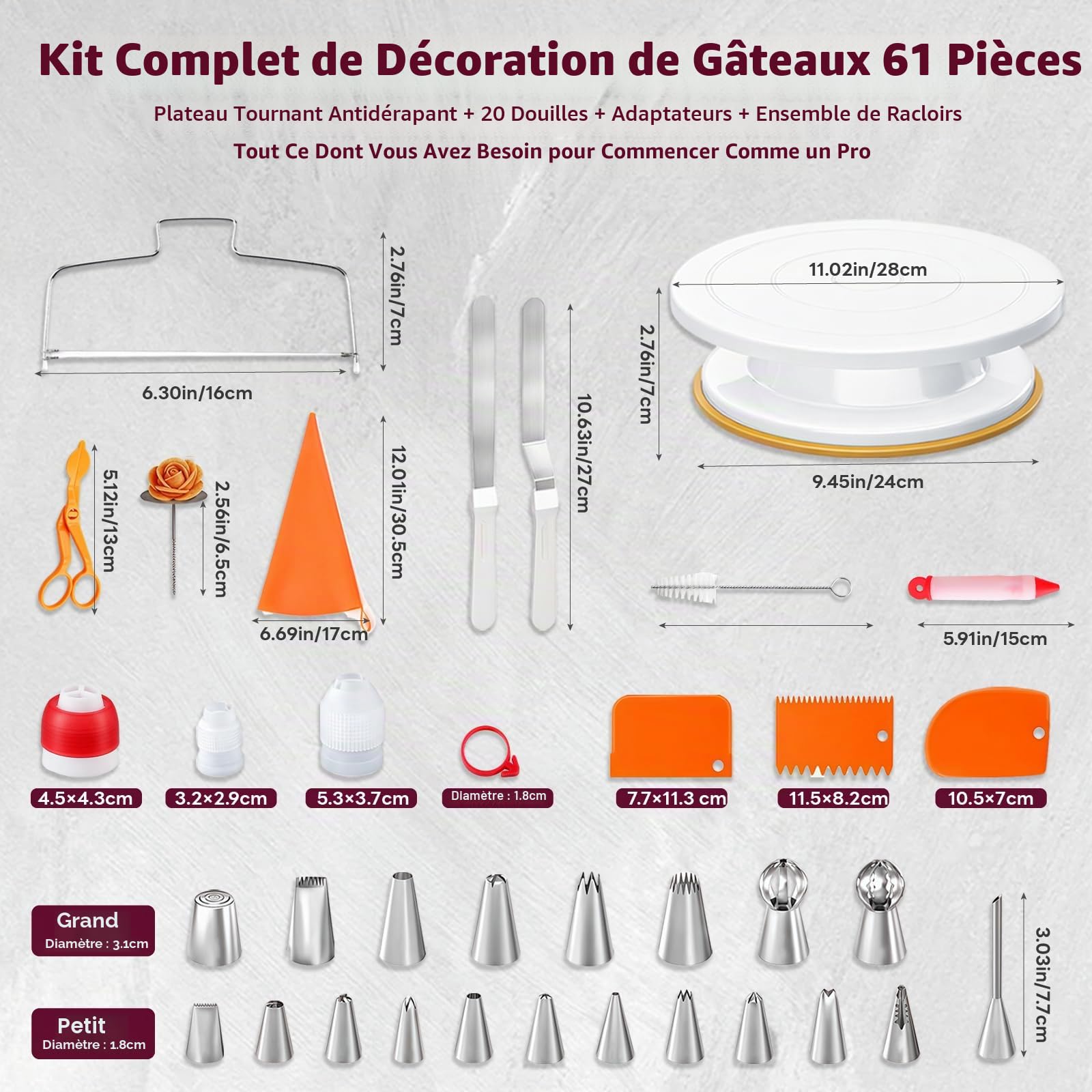 Kit Patisserie Professionnel 61 Pièces avec 27.5cm Plateau Tournant Patisserie et 20 Douilles,Patisserie Accessoire avec Lisseur Gateau Patisserie,Coupe Gâteau,pour Débutants et Professionnels