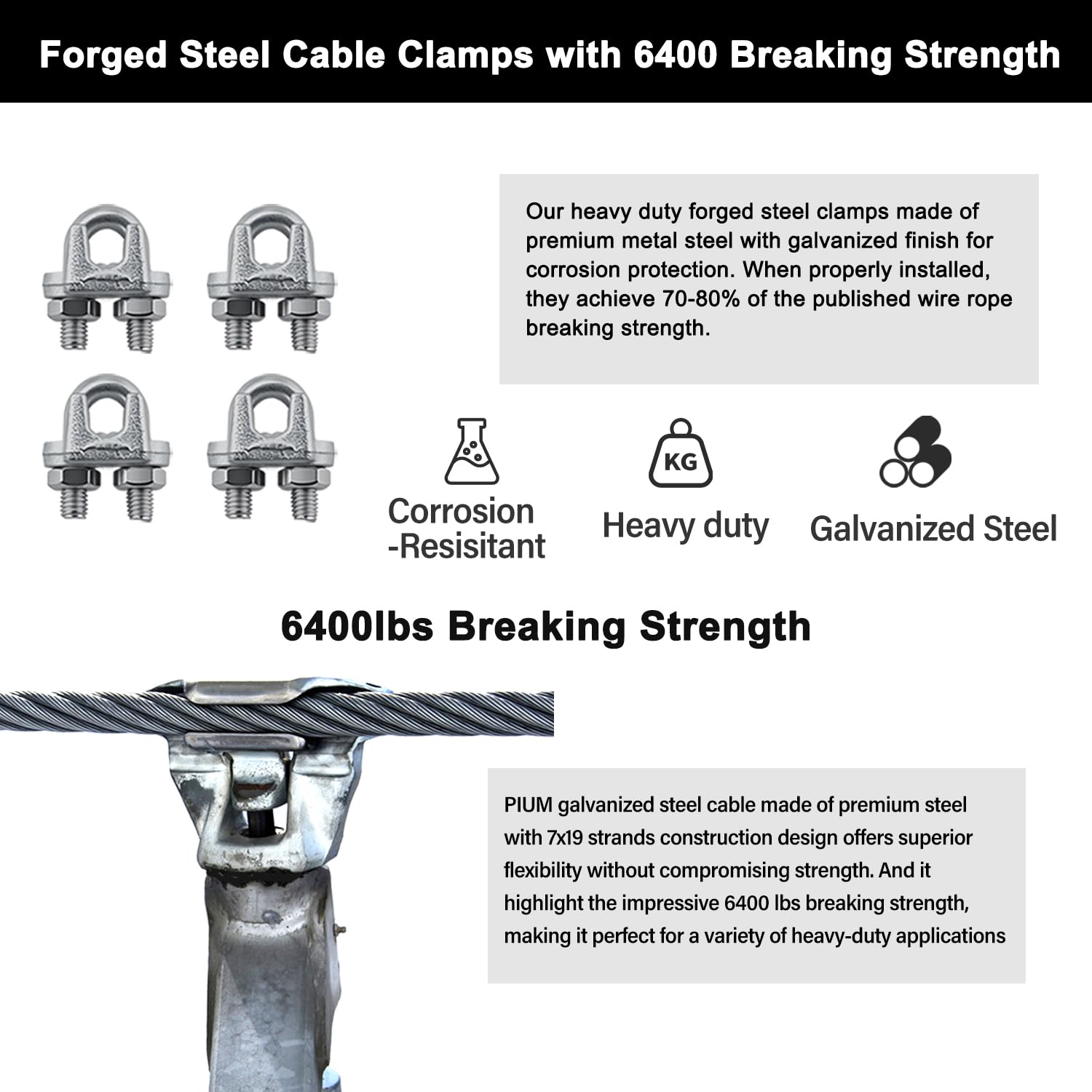 1/4" Steel Cable Kit, PIUM 150 Ft 7x19 Strand Aircraft Cable with Loops, Heavy Duty Wire Rope 6400 lbs Breaking Strength with Clamps and Thimbles for Zipline, Boat Lift, Outdoor Use