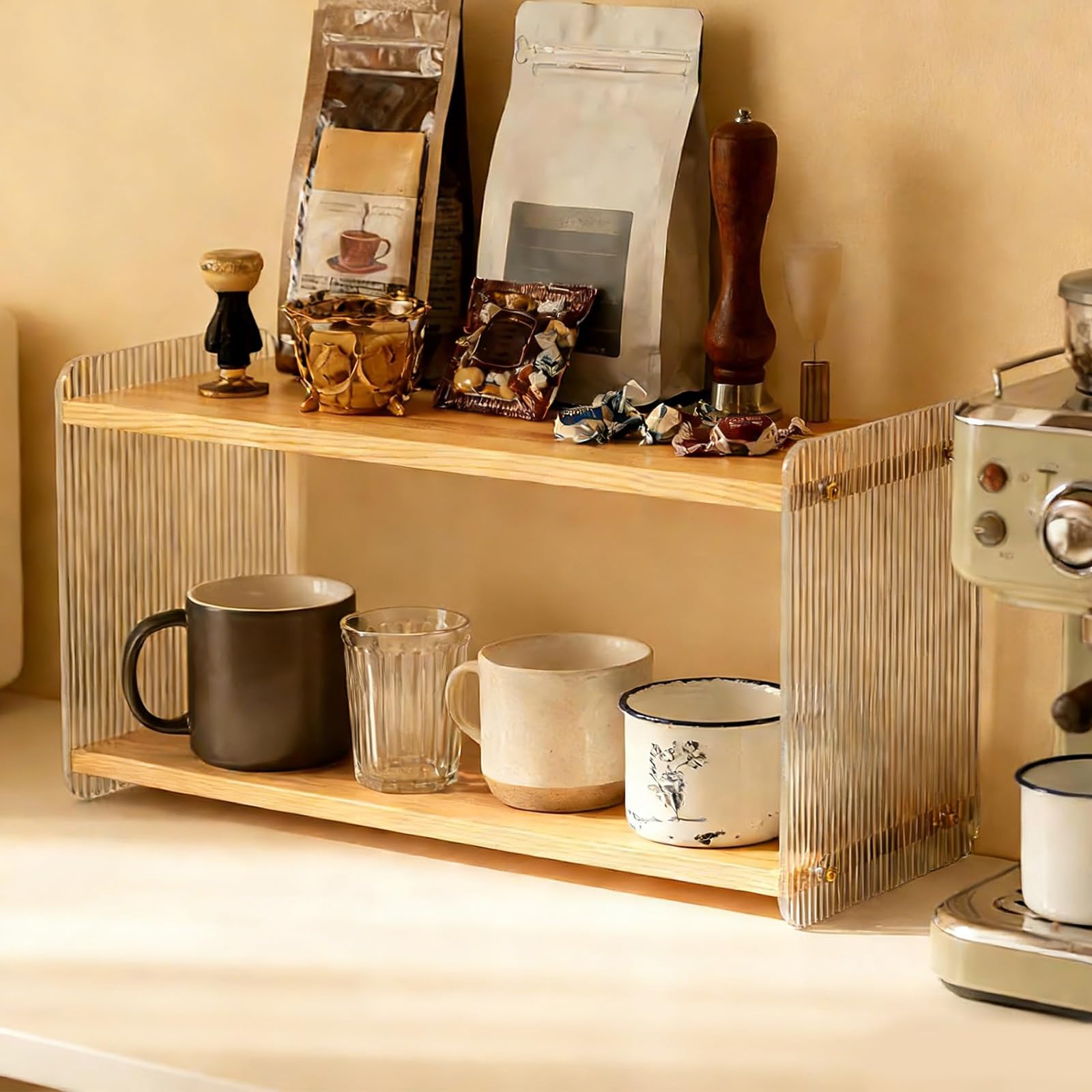 2 Tier Wood and Acrylic Counter Organizer Shelf, Coffee Mug Storage Rack