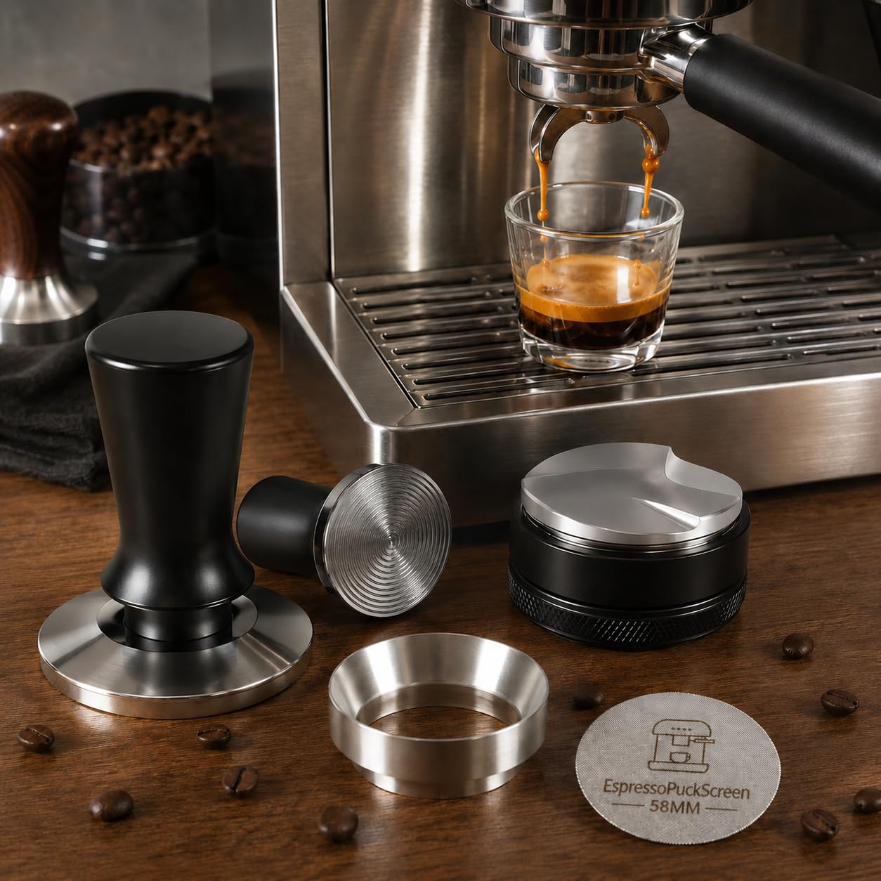 Zestaw tamper do espresso 58 mm – akcesoria dla baristów do ekspresów do espresso, zawiera sprężynowy tamper, regulowana głębokość, aluminiowy lejek dozujący z magnesem, ekran krążkowy wielokrotnego