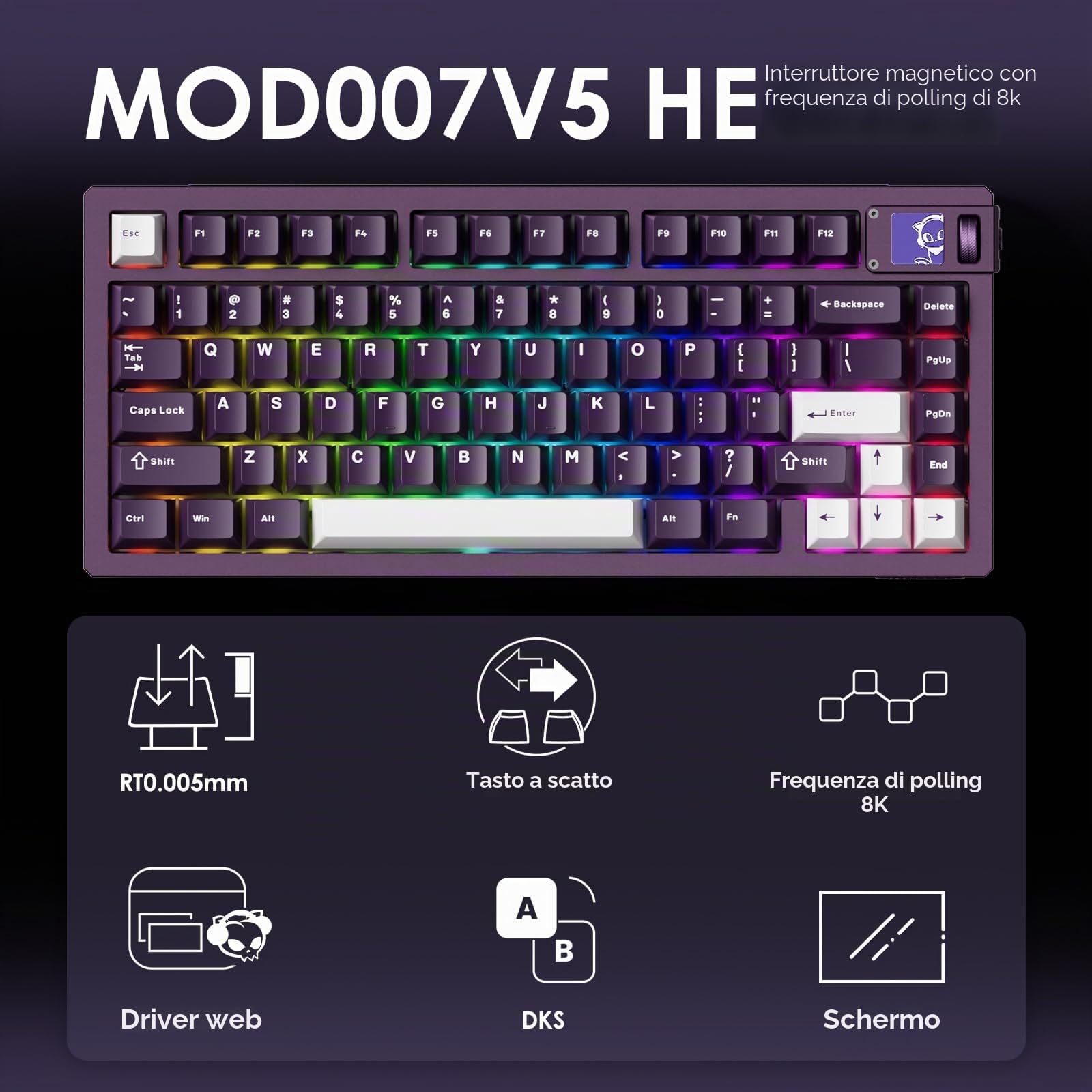 Akko MOD007 V5 HE Tastiera da gioco cablata a scatto rapido Tastiera cablata in alluminio a sgancio rapido con schermo personalizzato Piastra in alluminio viola, interruttore AstroAim
