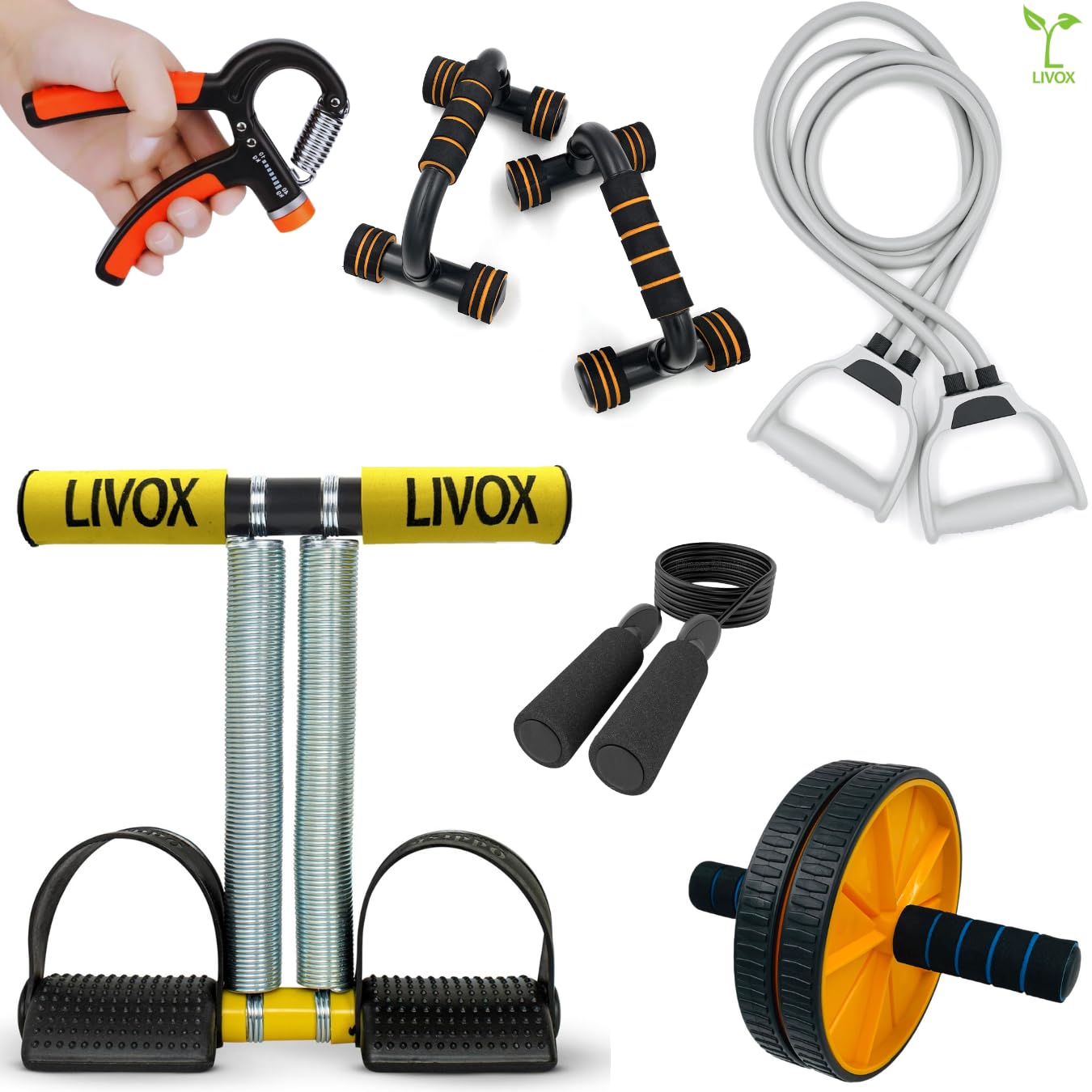 LIVOX® Gym Equipment Set for Home Workout Men Women Full Body Gym Equipment Kit – Tummy Trimmer, Resistance Band, Ab Wheel Roller, R Shape Hand Gripper, Skipping Rope, and Pushup Bar Stand