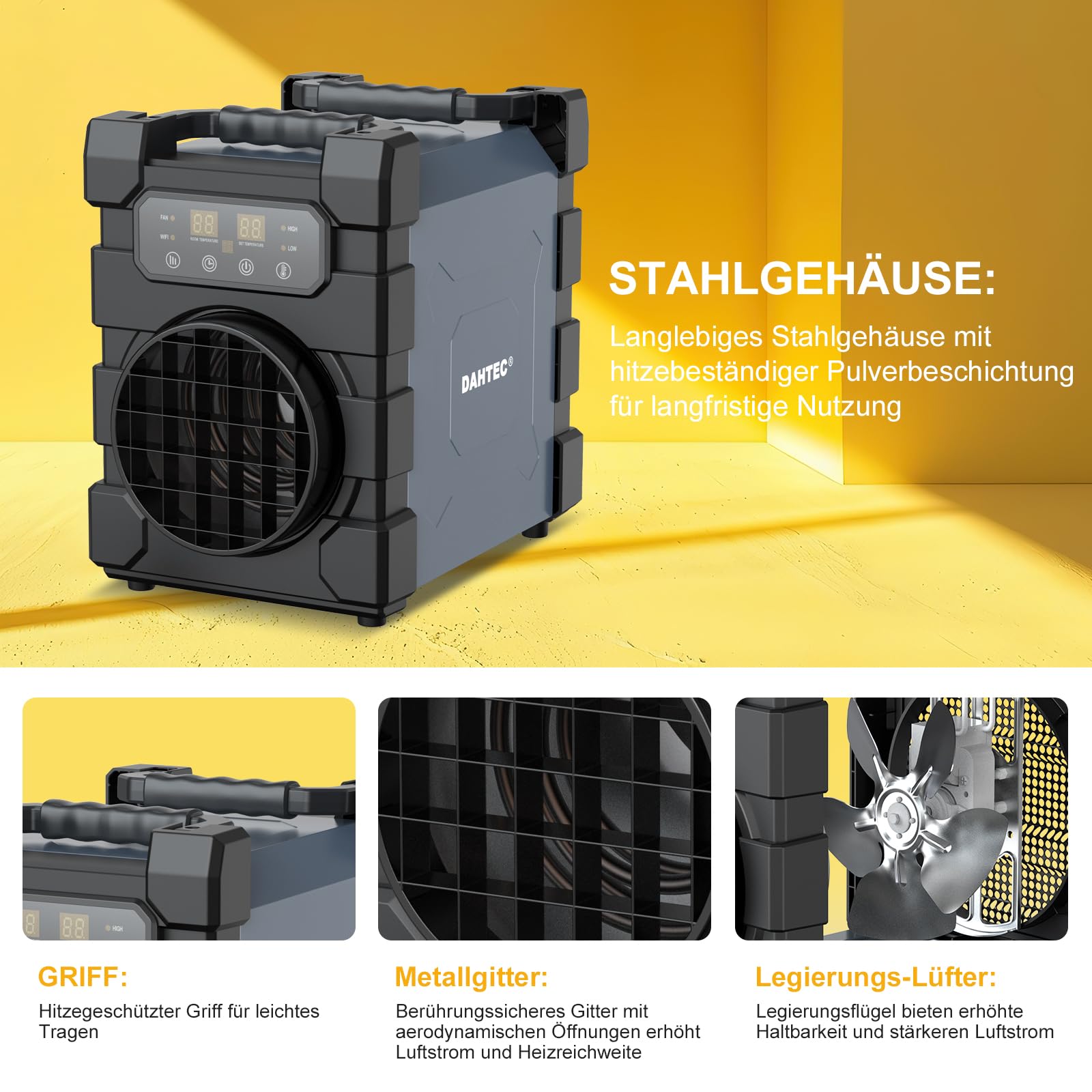 Professioneller Elektro Heizlüfter 2000 Watt mit Fernbedienung, WIFI | Schwerem Stahlgehäuse, Überhitzungsschutz, mit Thermostat, Bautrockner für Baustelle, Garage