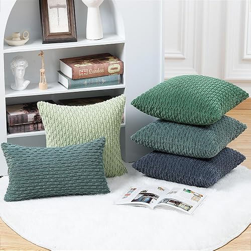 Miniatura 5 de MADIZZ Paquete de 2 fundas de almohada de pana a rayas bohemias de 14 x 14 pulgadas, fundas de cojín decorativas suaves de color verde oscuro para