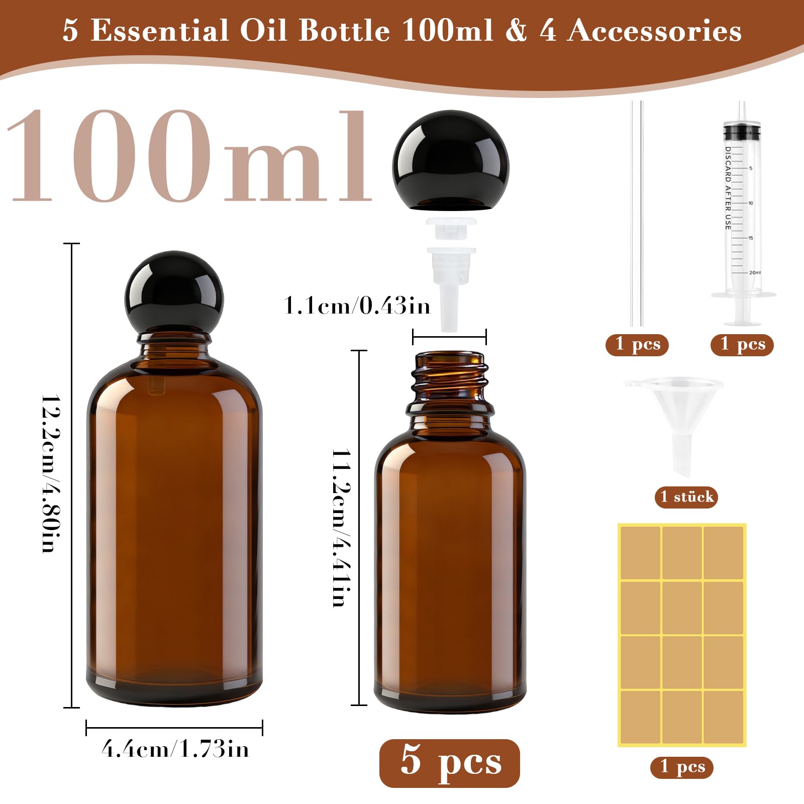5 Piezas 100ml Botellas de Aceite Esencial Vacías de Vidrio Marrón, Mini Botellas de Cristal Ámbar de 30 Ml con Tapa, Pequeños Recipientes de Aceites Esenciales para Aceite Perfumes