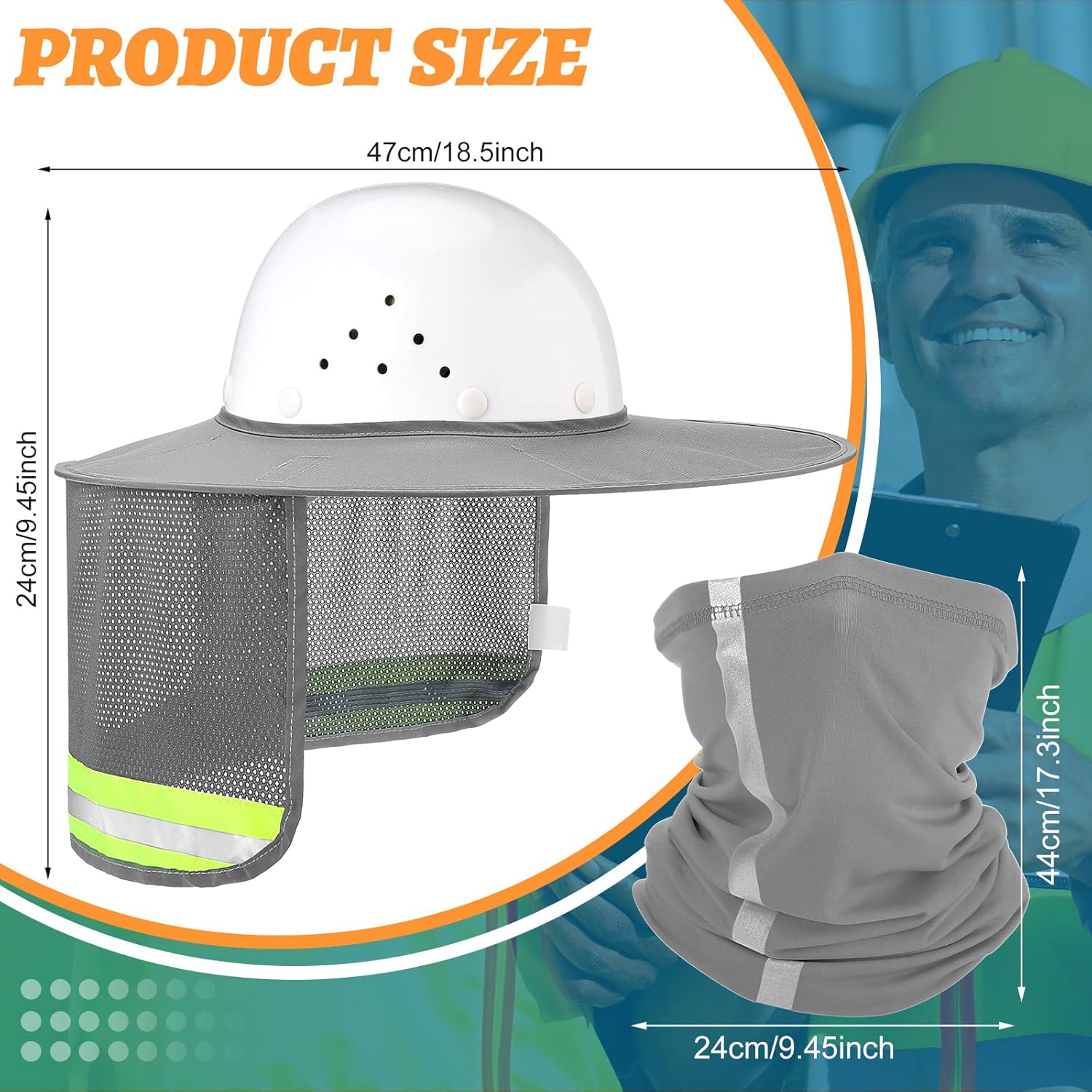 SATINIOR 4 Pcs Hard Hat Sun Shade High Visibility Full Brim Hardhat Sun Visor and Neck Gaiter Bandana with Reflective Strip Hard Hat Accessories for Construction Helmet(Bright Gray)