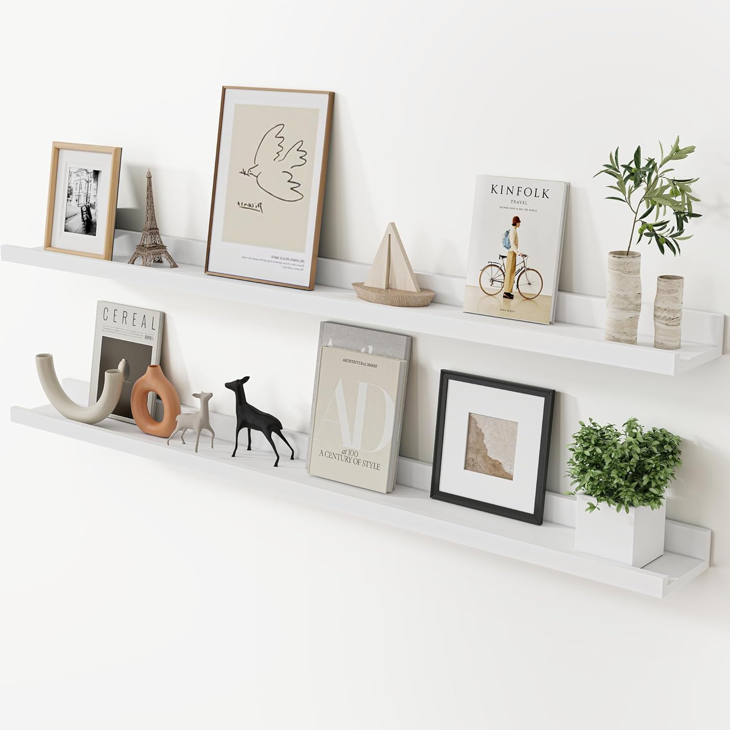 Long Floating Shelves for Wall, 48 inch Solid Wood Picture Ledge Shelf, Picture Shelf for Wall with Ledge, Floating Book Shelves for Living Room Bedroom Kitchen Nursery Decor, White, Set of 2 White 48"