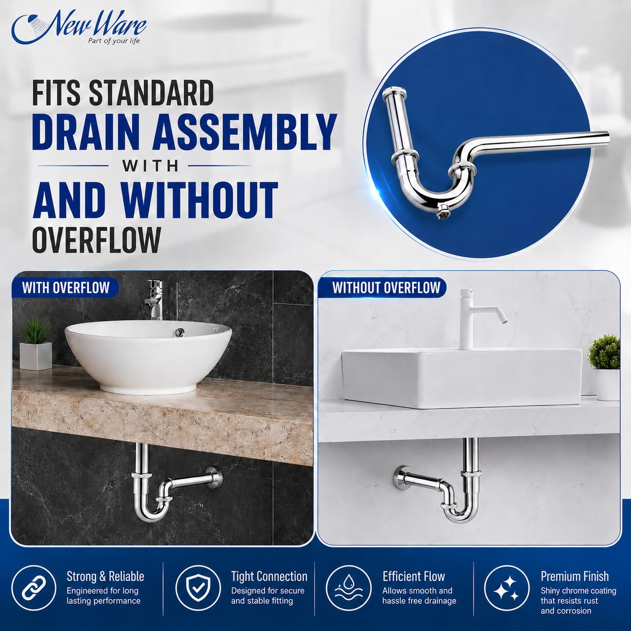 NEW WARE® Bottle Trap P Trap Type CP Chrome Plated for Bathroom & Kitchen Sink Drain | Waste Water Pipe Trap with Odor Blocking Design | Durable Plumbing Fitting for Wash Basin Sink Drainage Use 2