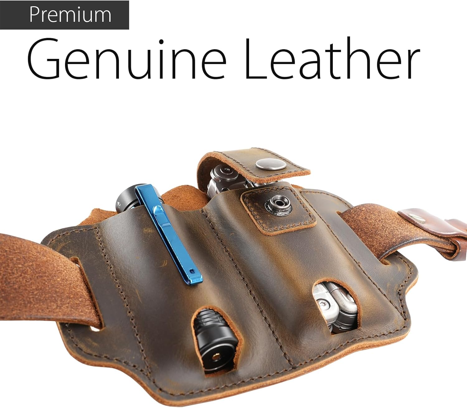 XXL EDC Leather Sheath for Leatherman Multitools, Belt Sheath Pocket Organizer for 5 inch Knives Tactical Flashlights Tools, Chestnut