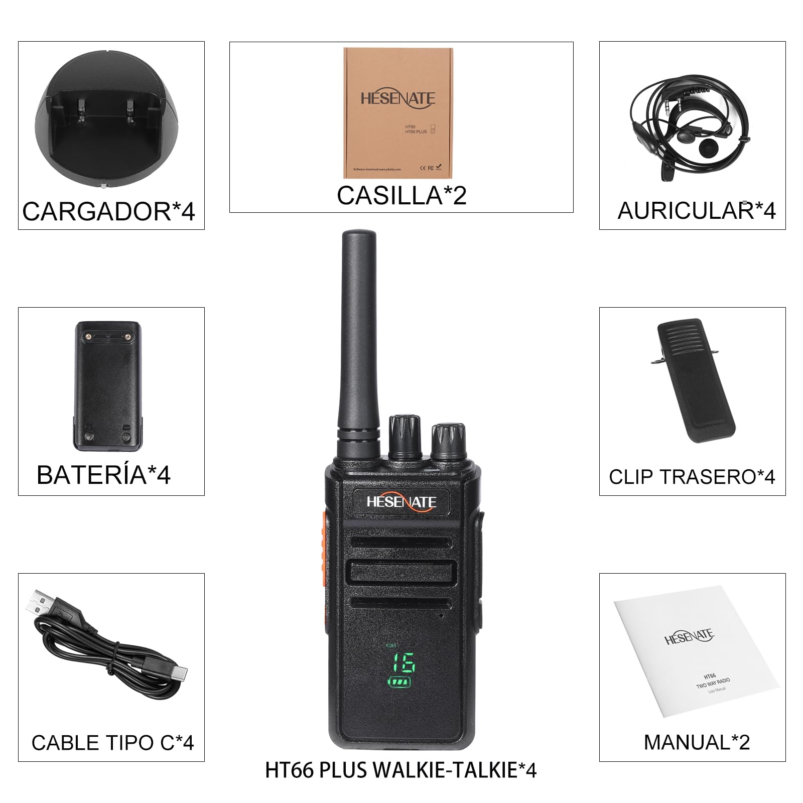 HESENATE HT66 Plus PMR446 sin Licencia Profesional Walkie Talkies | 16 Canales,con Pantalla,con Auriculares, para Hotel,Restaurant,4 Piezas
