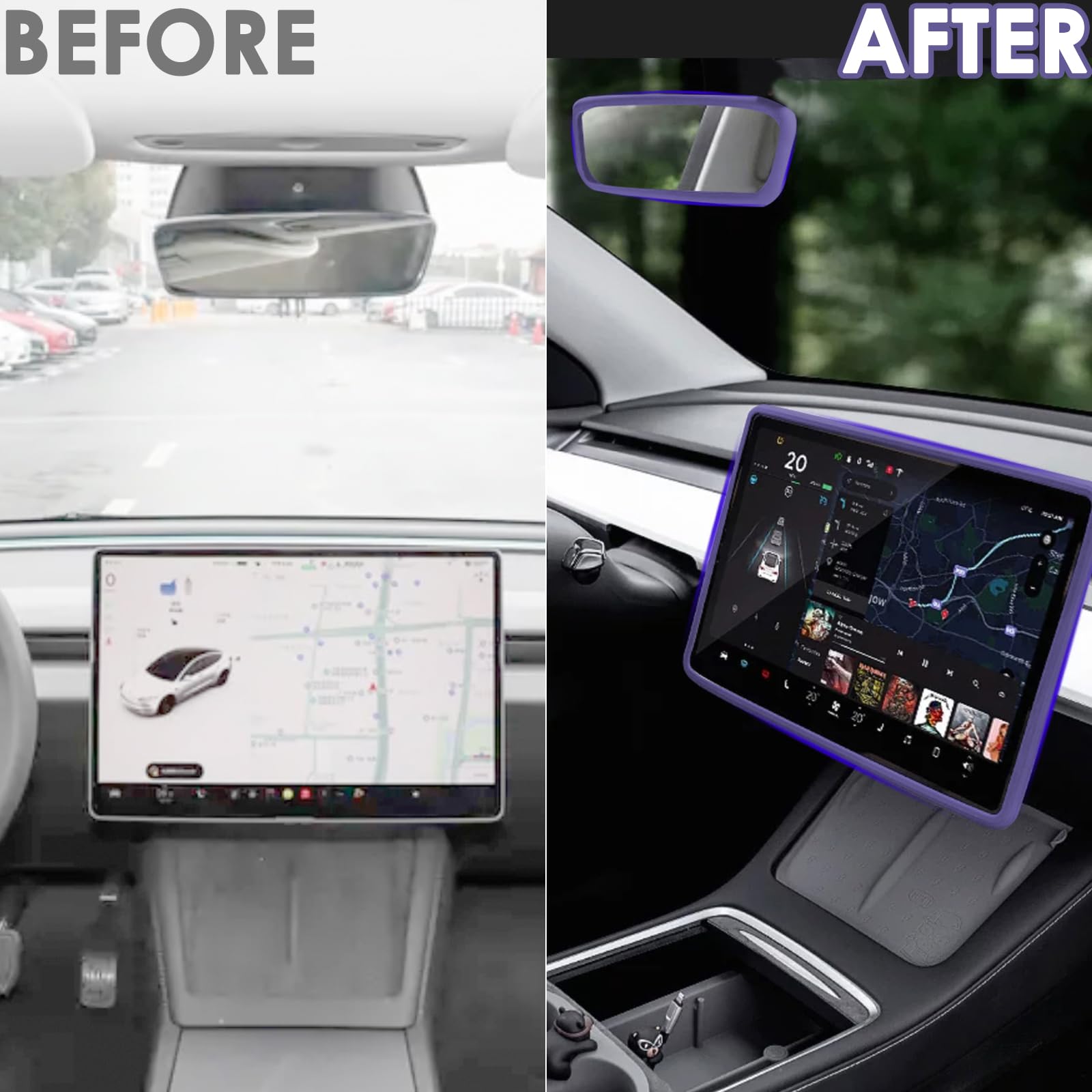 2PCS Protector Trim Frame Compatible with Tesla Model 3 Model Y 2019-2024 2025 Screen Edge Frame Rearview Mirror Cover Interior Decorations Center Console Decor Highland Juniper Accessories (Purple)