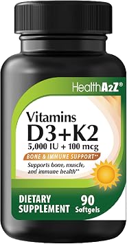 HealthA2Z Vitamin D3 5,000 IU + K2 100 mcg, 90 Softgels, Pack of 1 | Helps Calcium Absorption, Supports Bones & Teeth, Mood & Immune Health