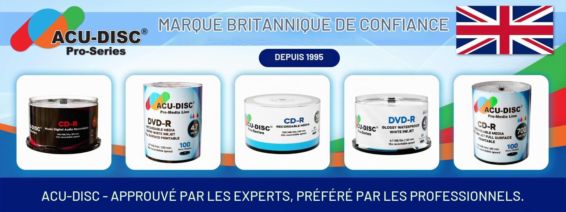 Pro-Series Lot de 100 CD-R 52x Vitesse 700 Mo 80 minutes Blanc brillant imprimables à jet d'encre
