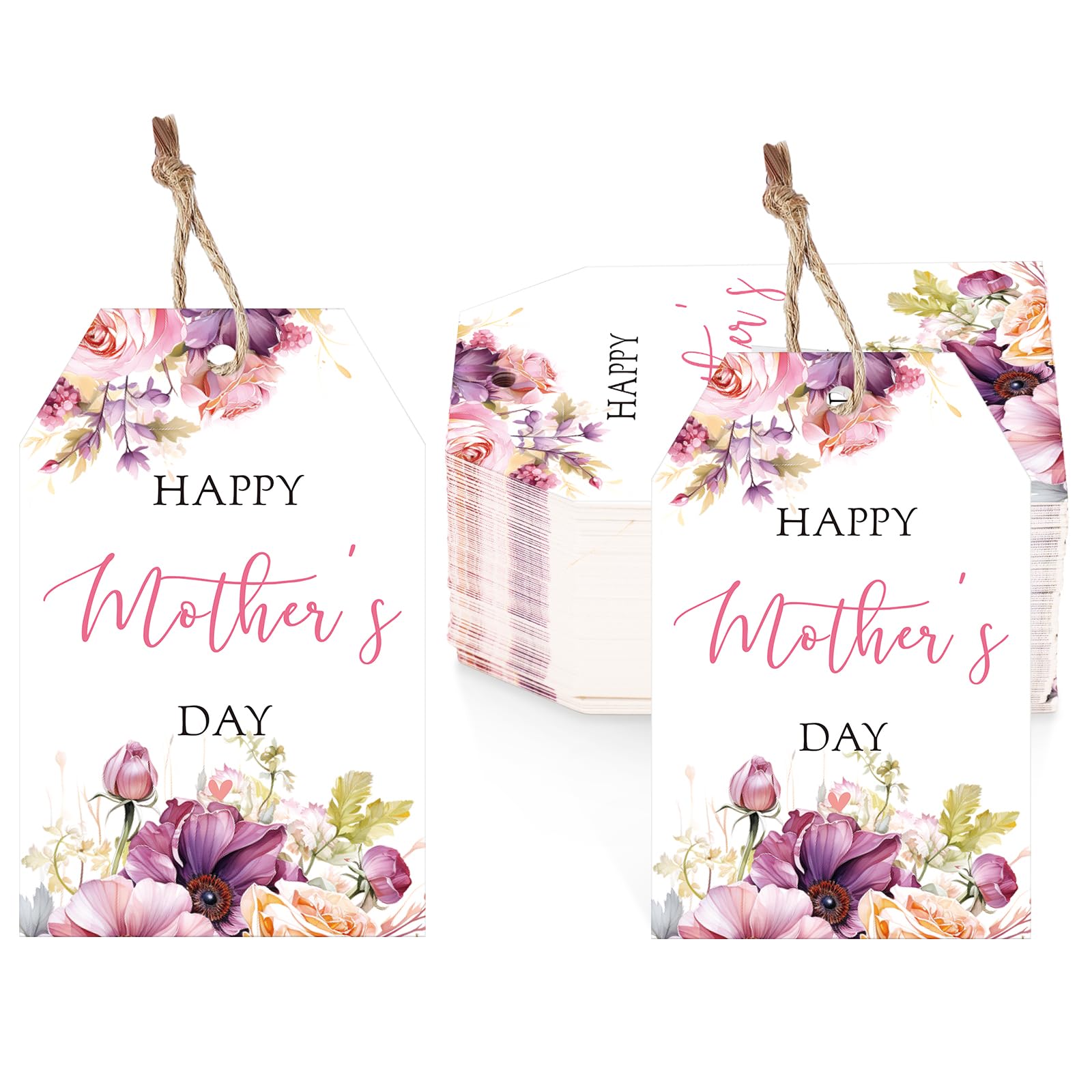 jijAcraft Mothers Day Gift Tags, 50Pcs Happy Mother's Day Tags with String, White Paper Hangtag, Personalized Purple Floral Mother's Day Labels for