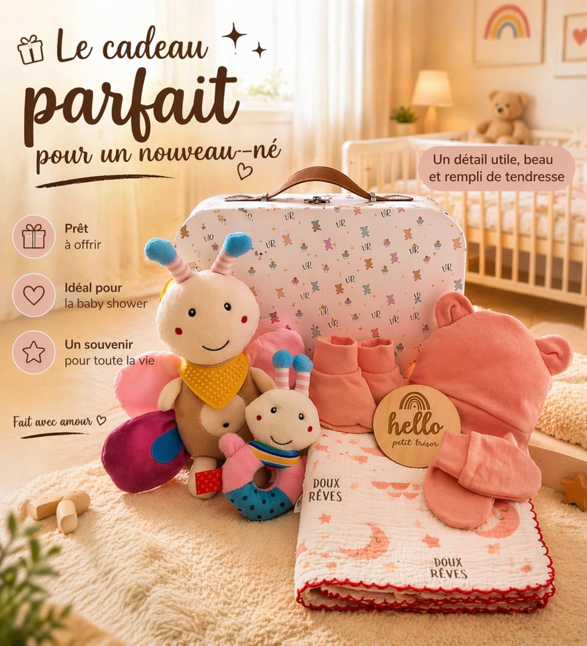 Coffret Cadeau de Naissance Bébé – Cadeau pour Nouveau-né avec Peluche, Hochet et Accessoires – Fille et Garçon (rose)
