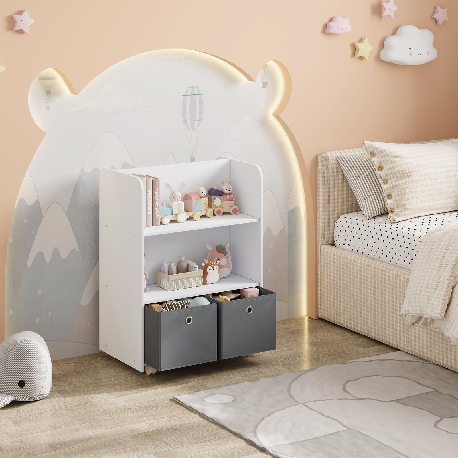 WOLTU Libreria per Bambini con Ruote 2 in 1, Porta Libri e Giocattoli, Libreria a 3 Ripiani e Portagiochi con Scatole e Scomparti Aperti per Camerette, Asili, in Legno, Bianco, 62,5x40x82,5cm