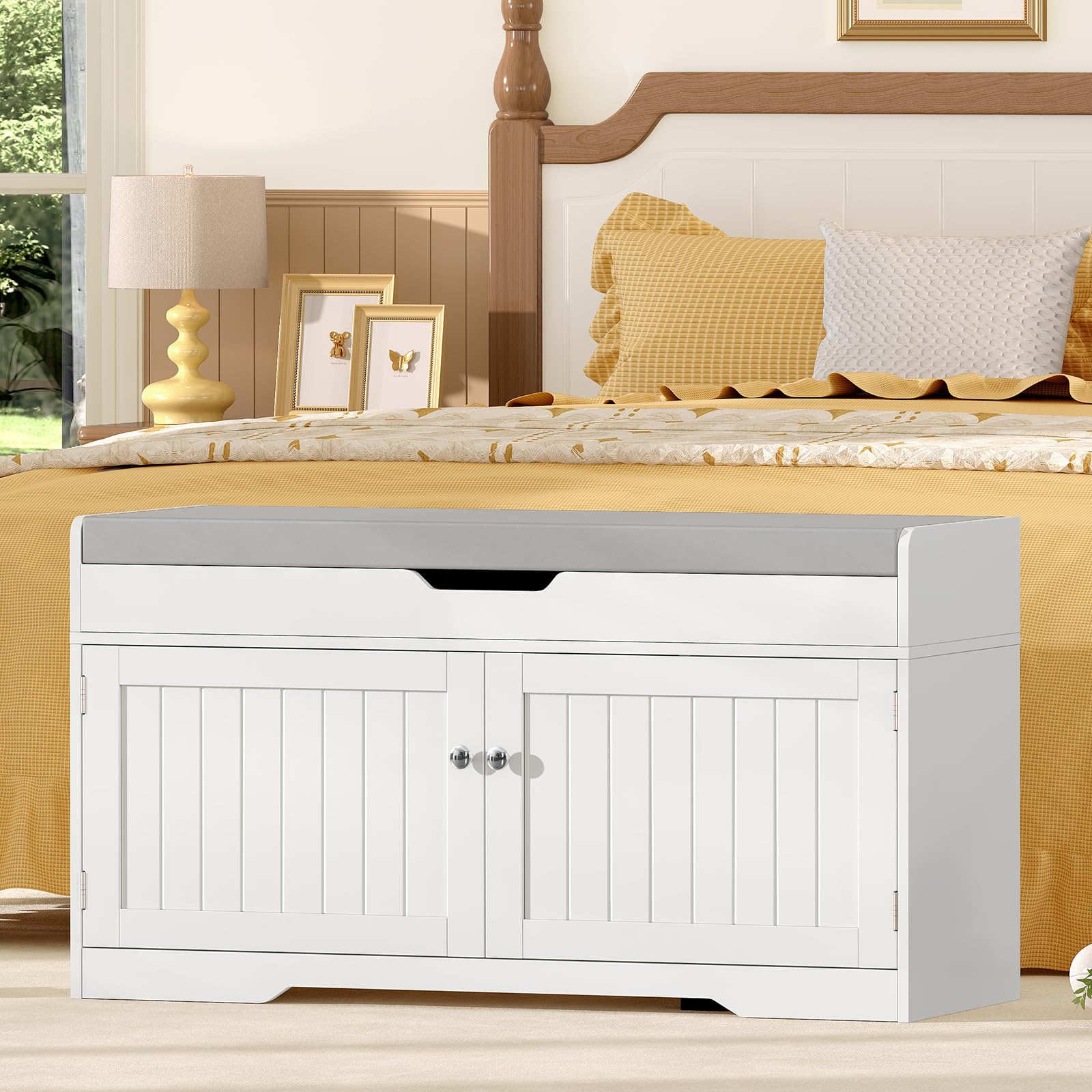 TEENFON 92cm Scarpiera Panca,Panca Contenitore con Cuscino,2 Ripiani Regolabili,Scarpiera per Ingresso, Camera da Letto,92x35x50cm (Bianco)