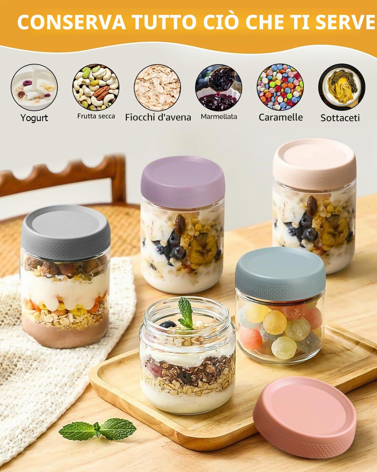 Overnight Oats Jar Confezione da 6 Barattoli, Barattoli di Vetro con Coperchi, Contenitore Avena Riutilizzabili, Vasetti Vetro per yogurt, budino, insalata, frutta, spezie, spezie,riutilizzabili