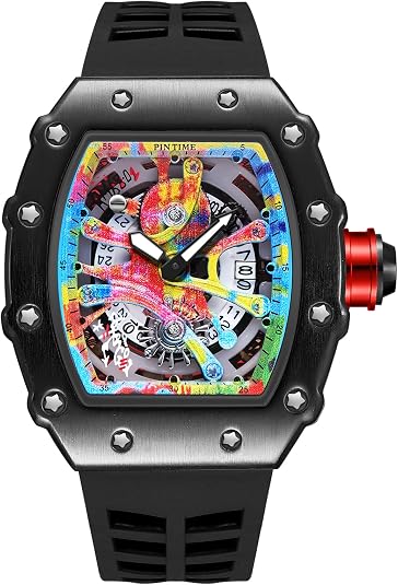 PINTIME Mens Luxury Tonneau Fashion Hallow Punk Graffiti Art Dial Hip-hop Unique Sports Wrist Watch Japanese Movement Luminous Design with Silicone Band