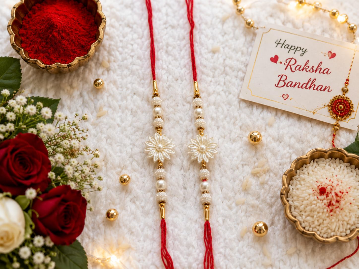 Set of 12 White Beads Moli Thread Kalava Rakhi for Brothe Combo for Bhaiya, Gift for Moli Rakhi Rudraksha | White Thread Bracelet, White Beads, Greeting Card Included, Floral Charm, Festive Occasion-image-21