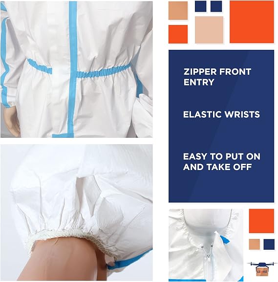 EZGOODZ Disposable Coveralls 5 Pack, White Polypropylene 50 gsm Overall with Waterproof Microporous Film. Laminated X-Small Full Body Protective Suit.
