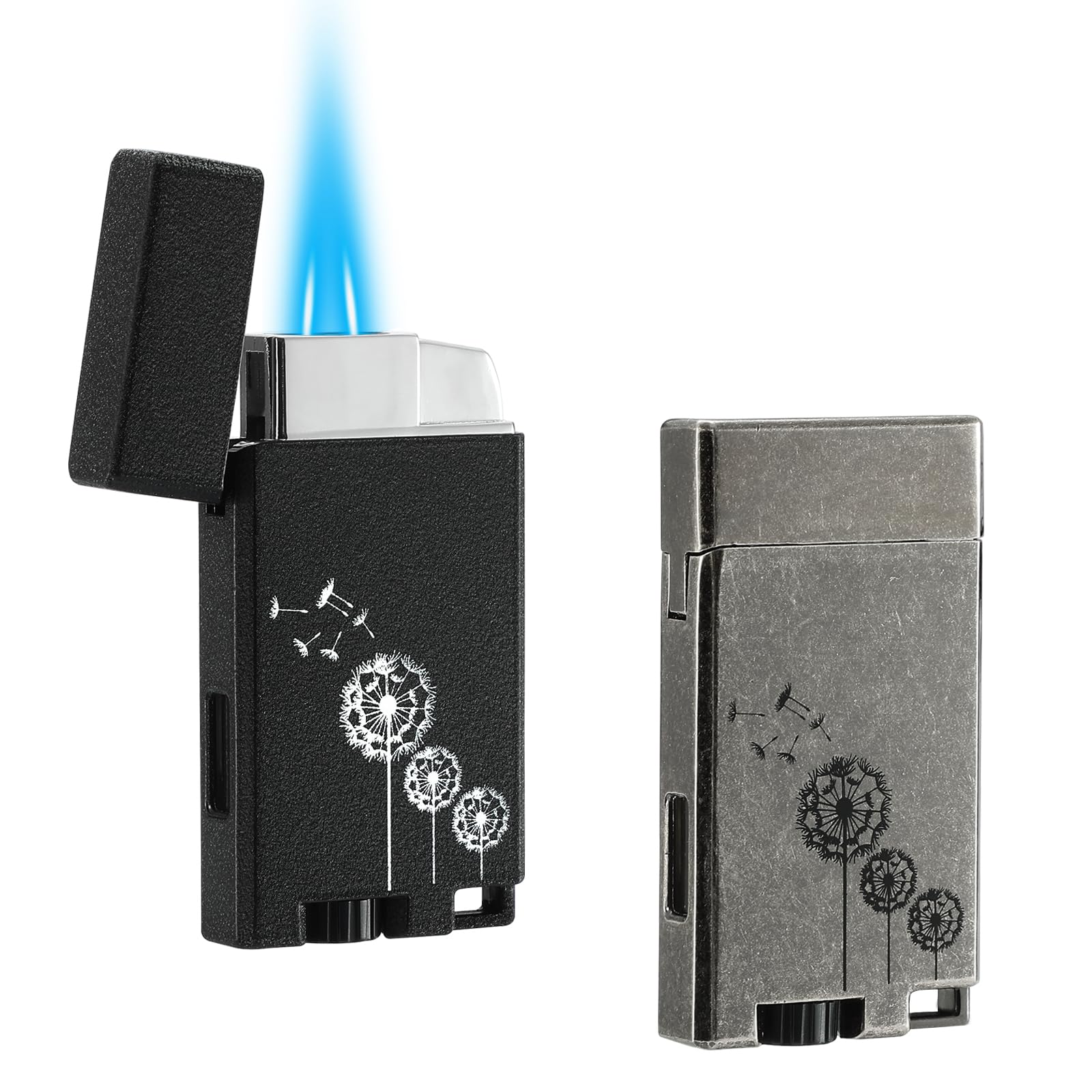Classic Matte Butane Pocket Lighter, 2 Pack Double Jet Flame Torch Lighter with Visible Window, Windproof Adjustable and Refillable Lighter for Men and Women, Without Gas(Matte Black+Silver Grey)