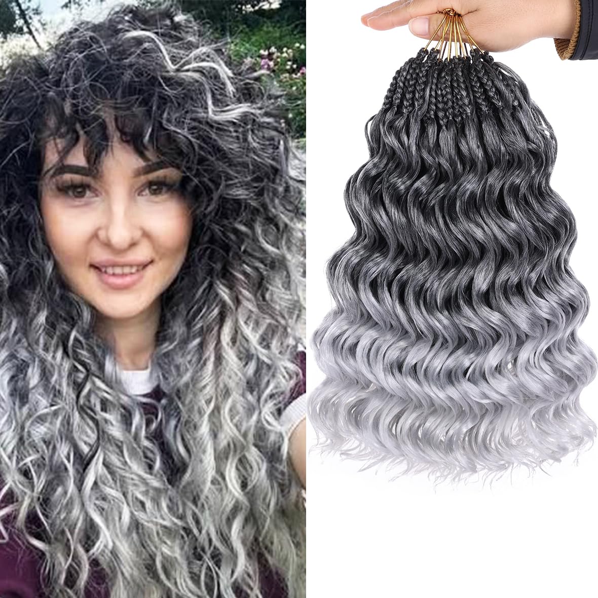 Kachanaa 14 Inch Pre Looped Ocean Wave Crochet Hair 8 Pack Curly Boho Ocean Braids Ombre Grey Pre Twisted Synthetic Deep Wavy Twist Hair TGREY#