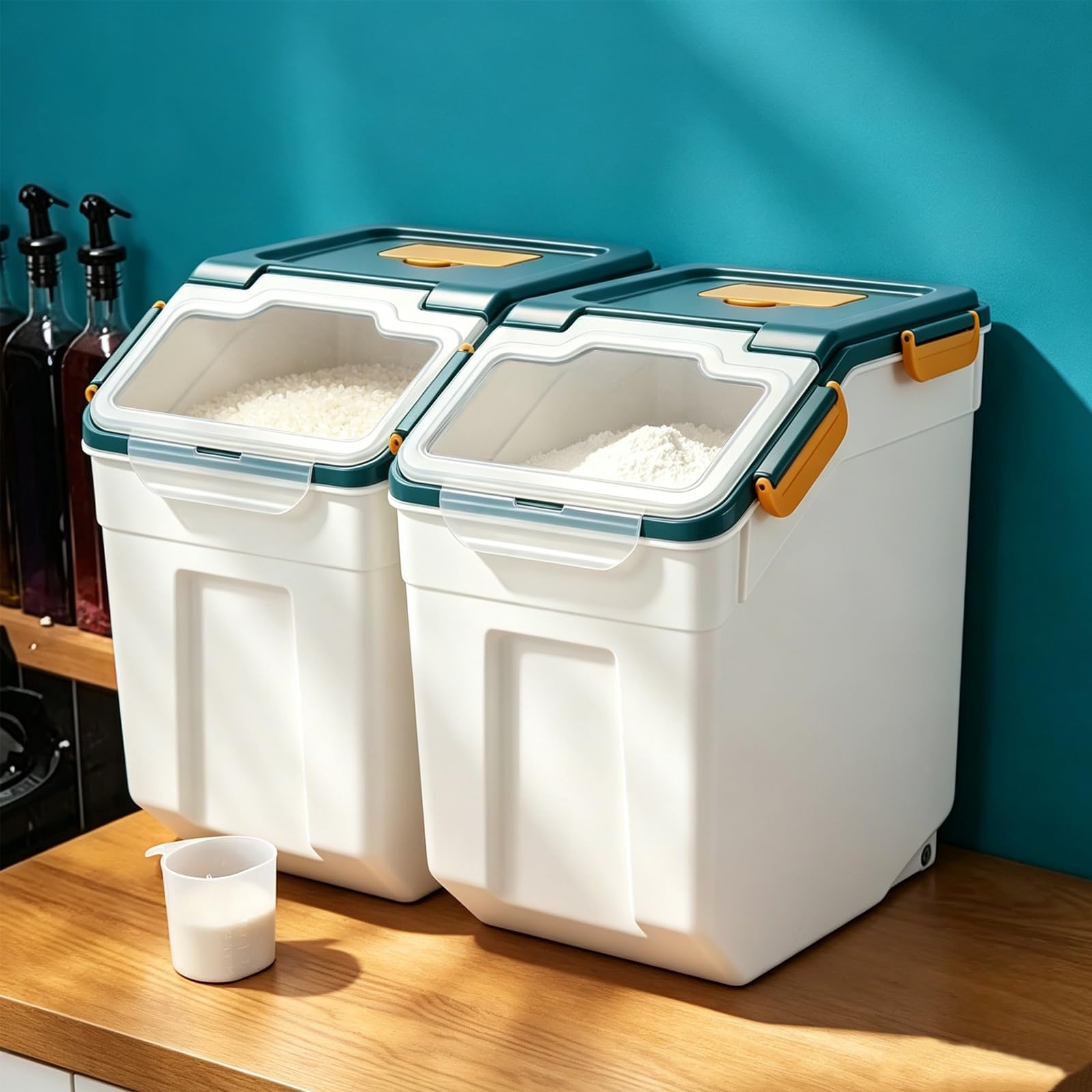 Contenitore grande per farina, 11,3 kg, 2 confezioni di contenitori ermetici per riso con coperchio di chiusura a ruote, senza BPA, con misurino e paletta per farina, riso, cereali (blu)