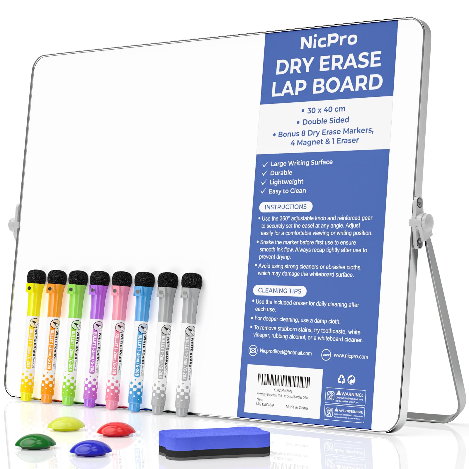 Nicpro Dry Erase Mini Whiteboard A3, 40x30cm Double Sided Small Magnetic Desktop White Board with Ultra-Slim Frame & Stand, Pens, Eraser, Magnet, Portable Board Easel for Kid Students School Supplies
