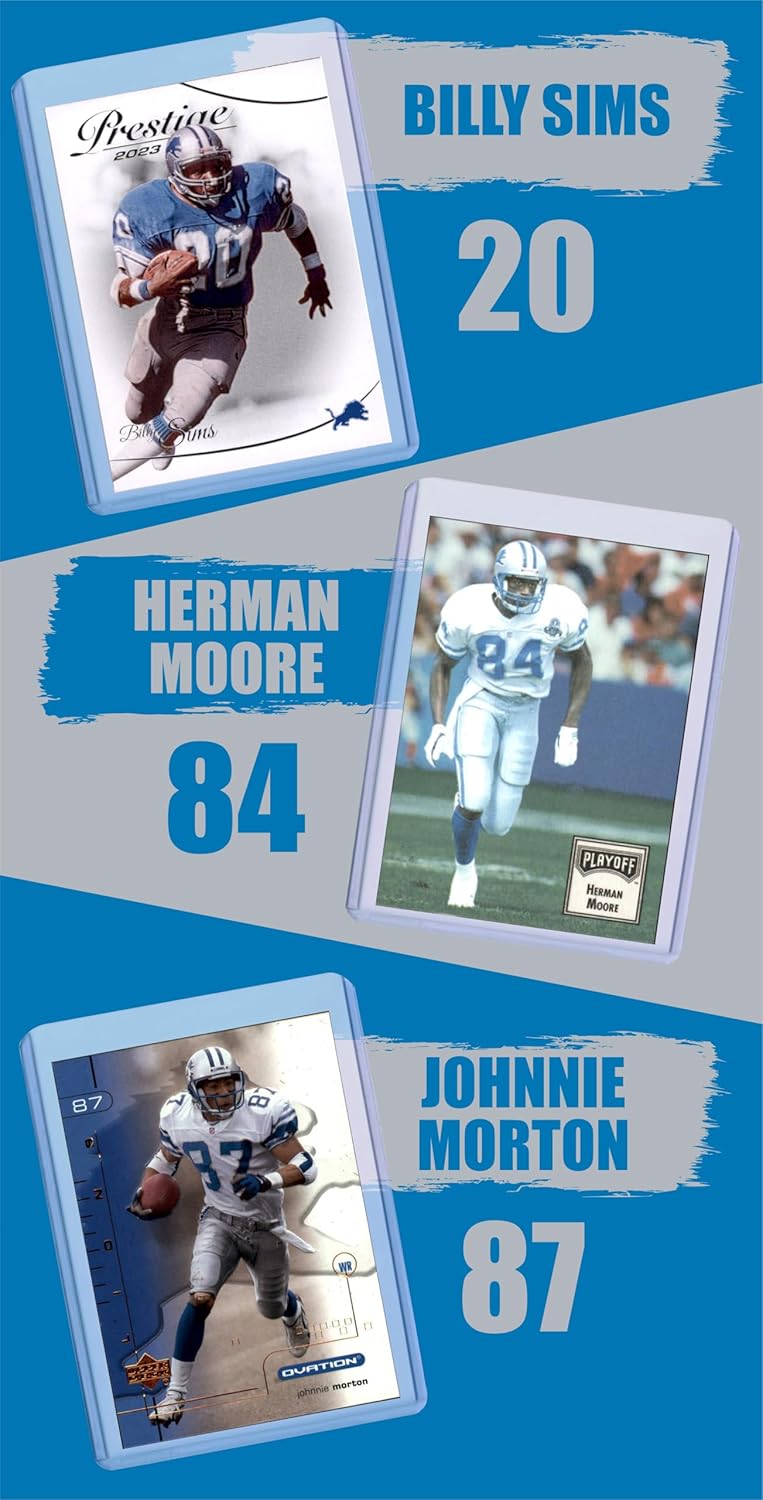 Detroit Lions Football Legends Cards: Barry Sanders, Calvin Johnson, Matthew Stafford, Billy Sims, Herman Moore, Johnnie Morton, Lem Barney, Alex Karras, Jared Goff, Jason Hansen (10) Assorted GOAT Card Hall of Fame Gift Pack