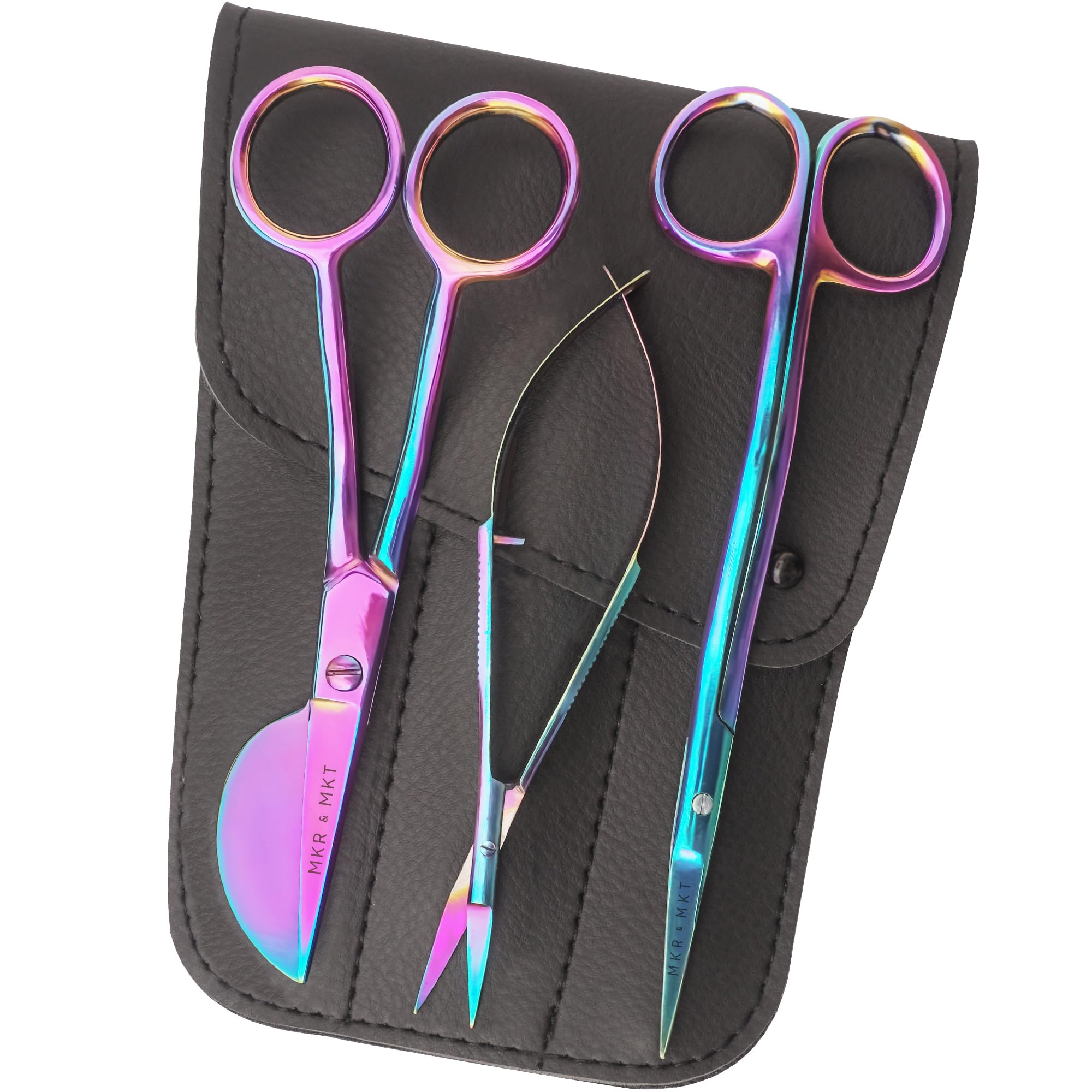 MAKER AND MARKET Premium Embroidery Scissors Set of 3 Kit - Double Bent Offset Duckbill, Spring Action Curved Blade and Double Bend Long Applique Needlepoint with Pouch Sleeve (Rainbow)