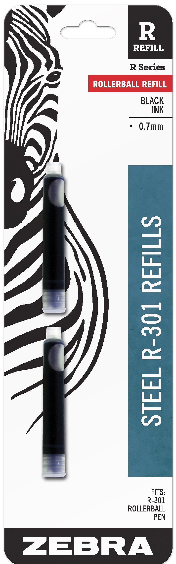 Zebra Pen R-301 Stainless Steel Rollerball Refill, Black Ink, 2-Count