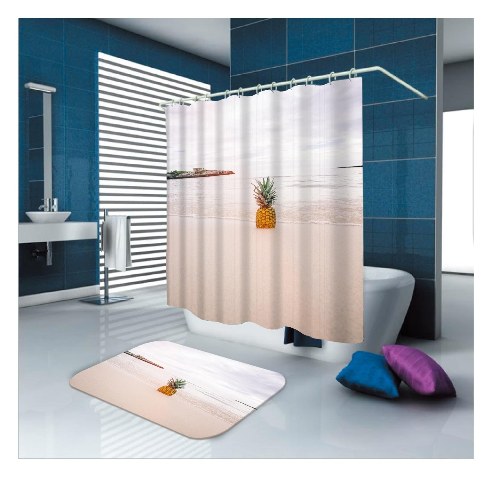 Cortina de ducha blanca de 165 x 200 cm, tela textil, diseño de piña, cortinas de baño, poliéster, secado rápido, lavable, cortinas de ducha para baño, 1,65 x 2 m de largo (ancho x alto) con
