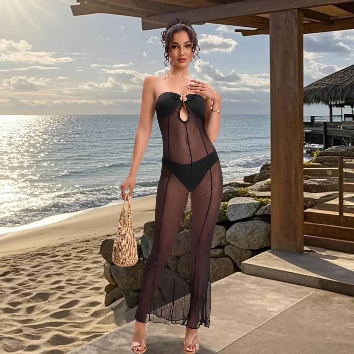 Women's Strapless Mesh See Through Maxi Dress Sheer Transparent Tube Top Long Dresses Club Party - Image 3