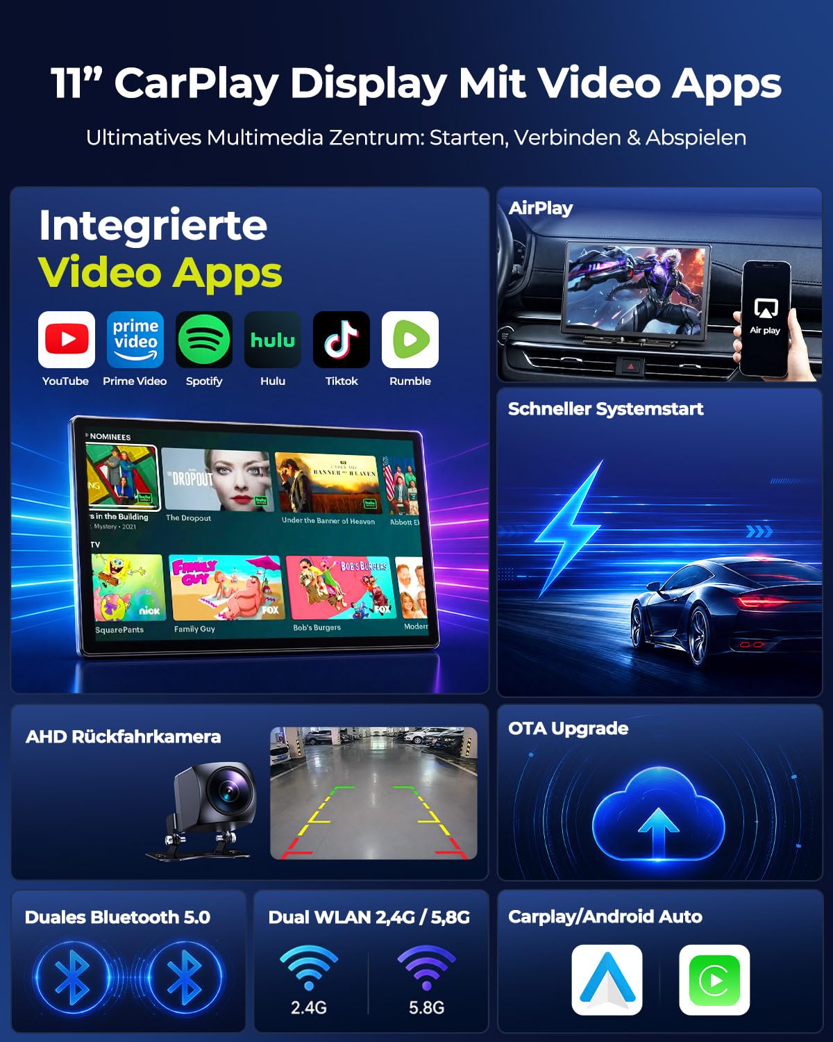 LAMTTO 11 Zoll Wireless CarPlay Display mit YouTube TikTok Video-Apps,Tragbares Autoradio für Apple CarPlay&Android Auto mit Rückfahrkamera/Navigation/In-Cell Touchscreen/Sprachassistent/OTA/Bluetooth