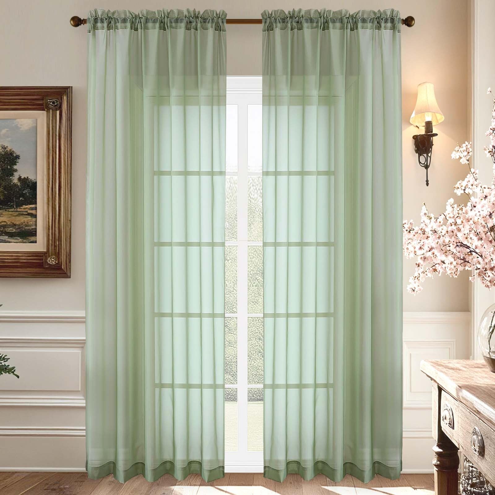 Aiyufeng Sage Green Sheer Curtains 90 Inches Long, Light Filtering Rod Pocket Solid Color Window Sheer Curtain Panels, Elegant Curtains & Drapes for