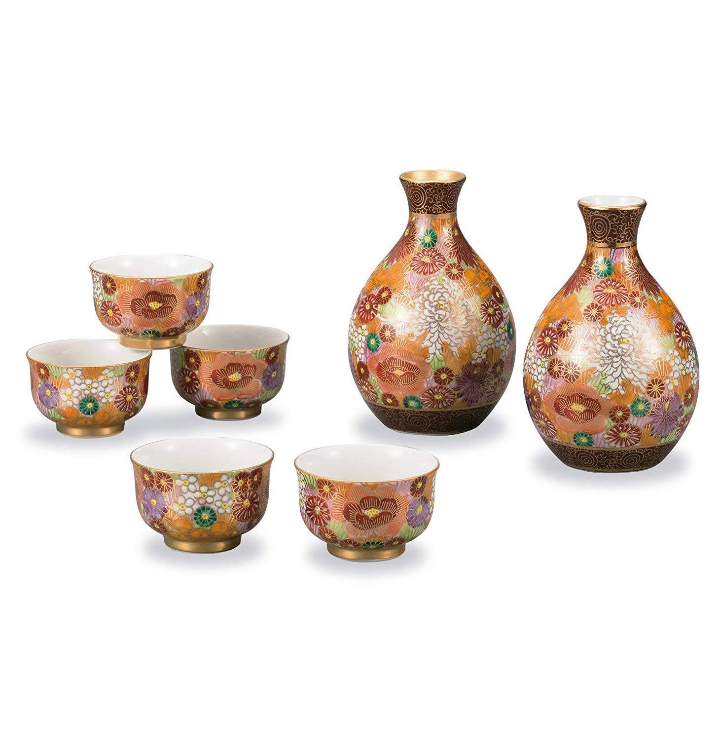 徳利2本と盃5個 九谷焼 木米 酒器セット 徳利2本