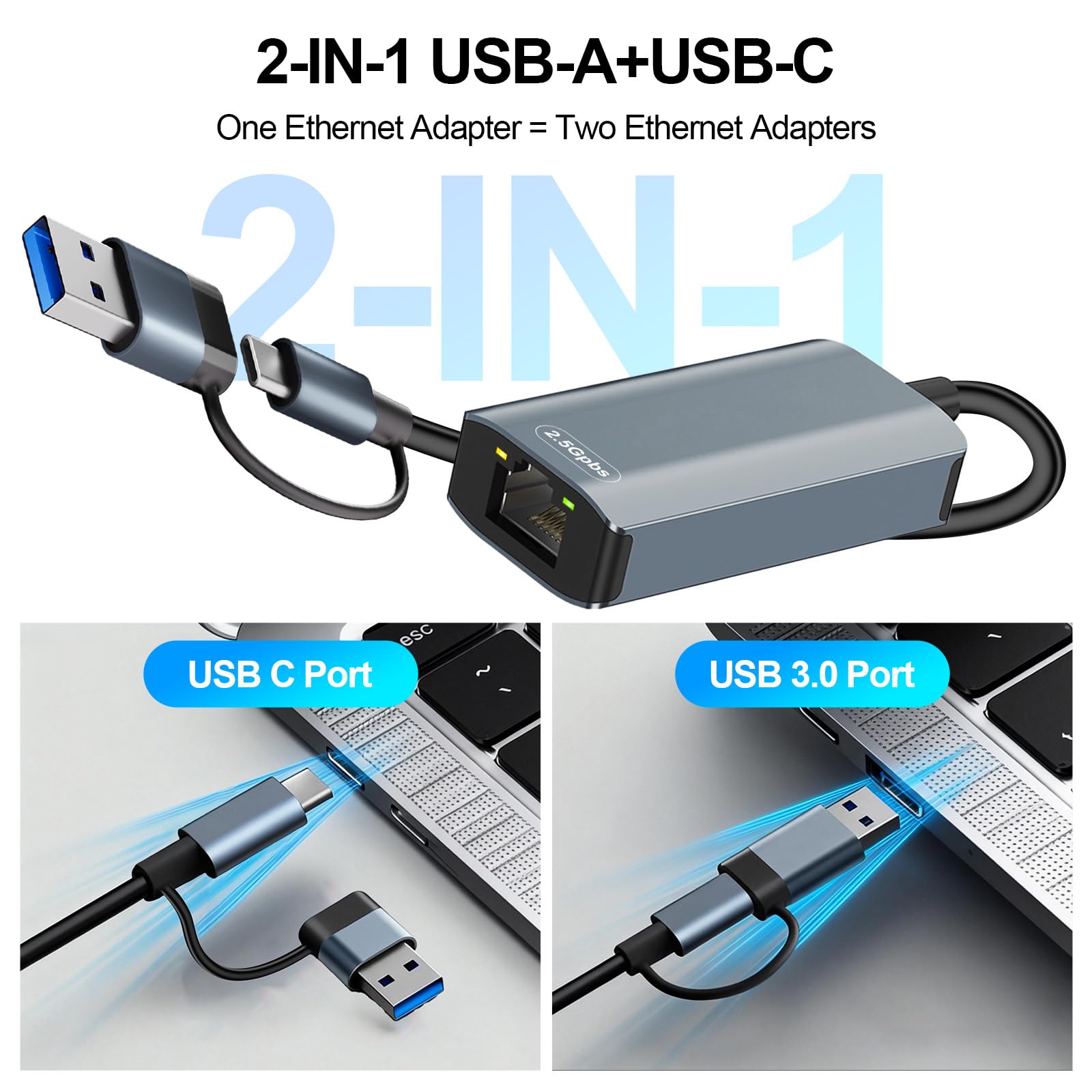 Adattatore USB Ethernet 2500Mbps,2 in 1 Adattatore Ethernet USB C,adattatore USb C EtherNet RJ45 2.5Gbps,uSb c ether net,adattatore eTher net USb per iPad/iPhone/MacBook/Mac/Surface/Windows/IOS/Linux