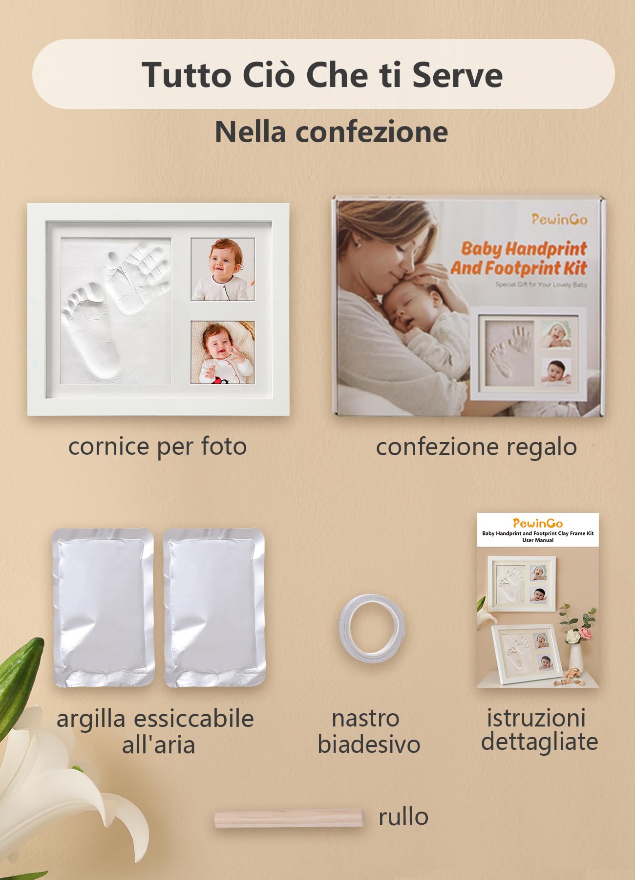 Kit Impronte Mani e Piedi Neonato, Argilla Sicura, Cornice Ricordo in Legno Massello, Regalo Baby Shower e Natale Bianco