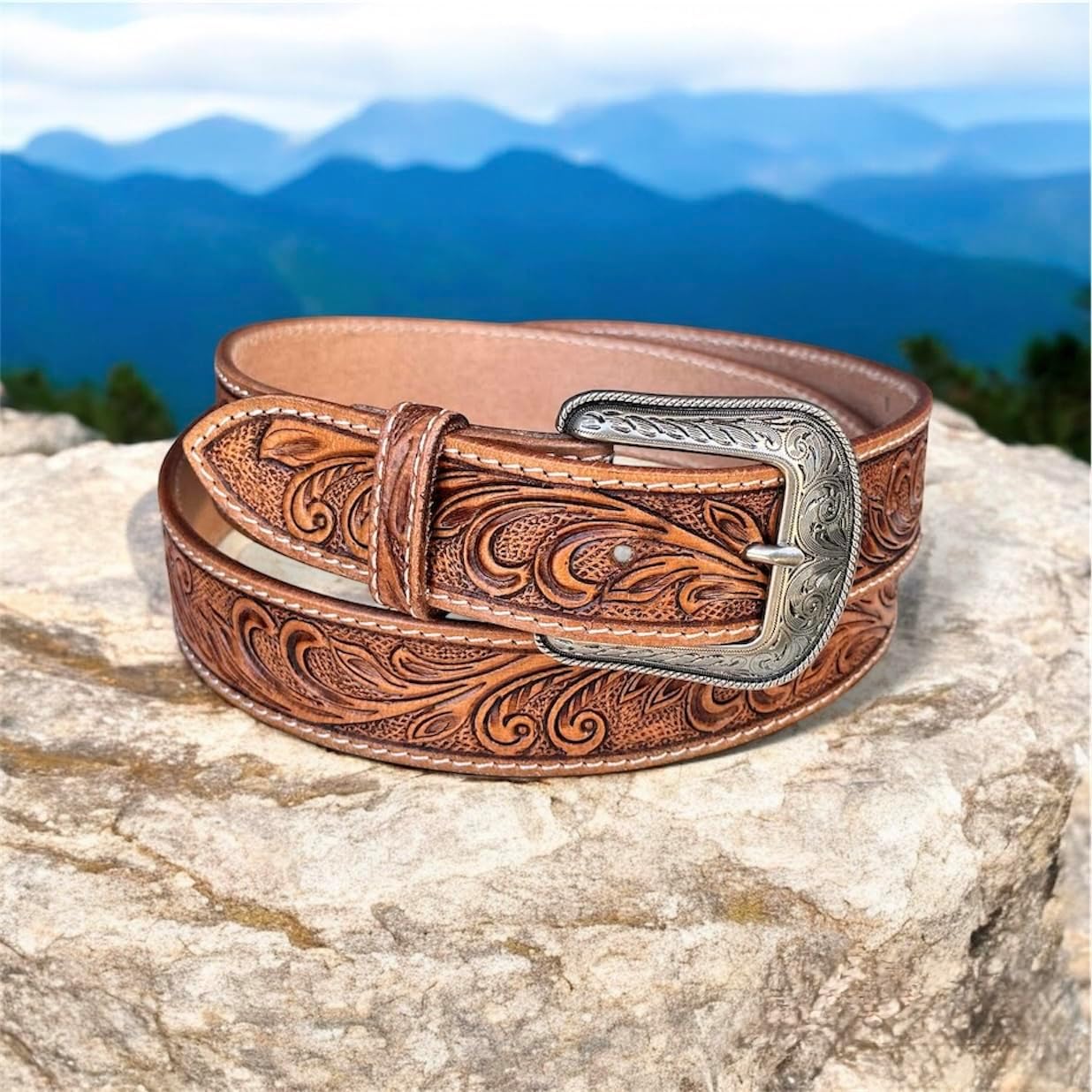 DANIEL'S ARTPLANET Women’s Western Leather Belt Cowgirl Belt For Jeans Pants Dresses Engraved Tooled Ladies Western Belt