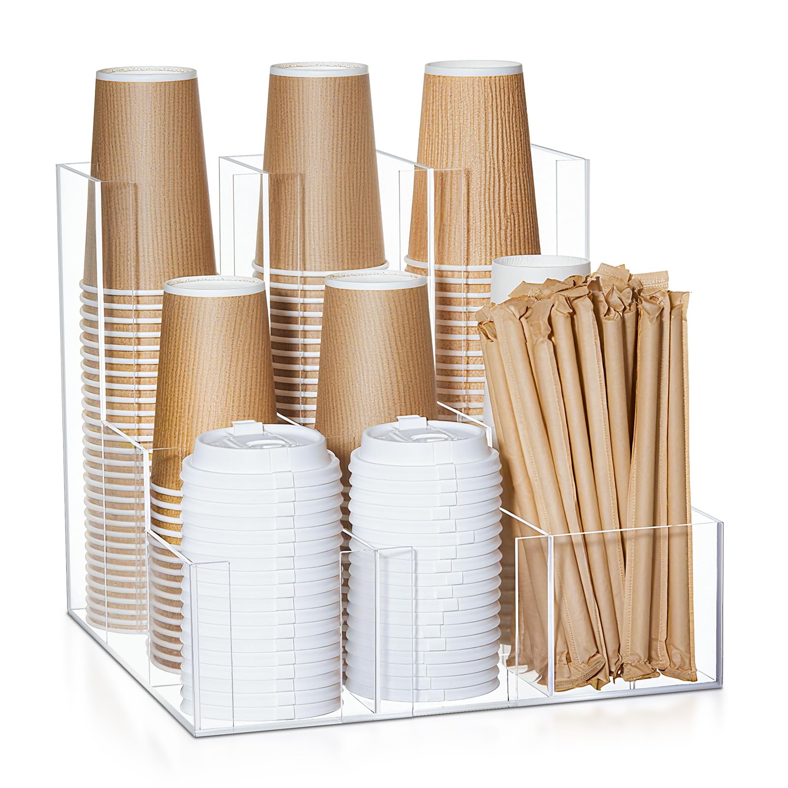CroBlissful Dispenser verticale in acrilico per tazze da caffè e coperchio, organizer per condimenti di caffè, 9 scomparti per bicchieri di carta e plastica usa e getta, per bancone di casa, 33 x 33 x