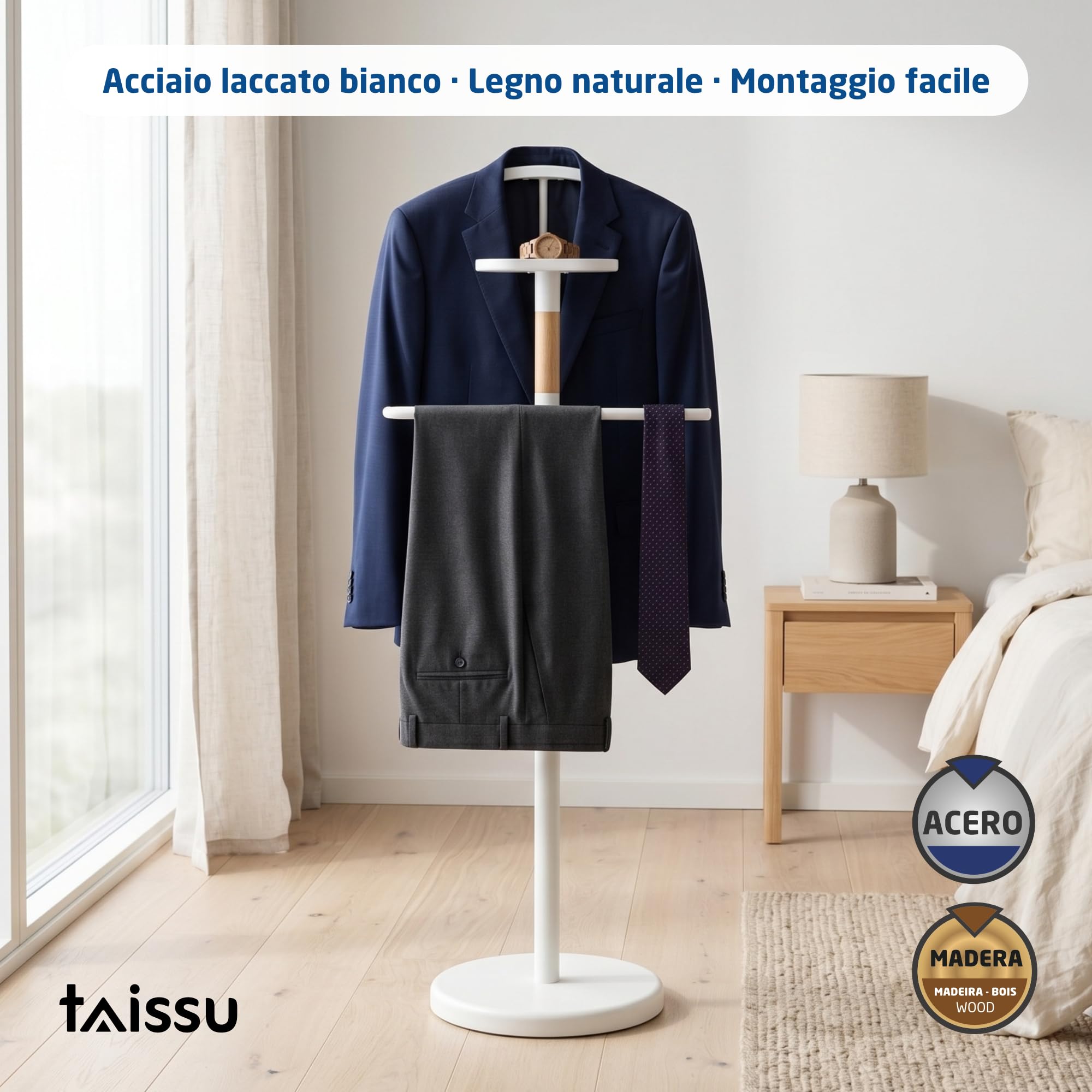 Servo Muto Mod. EIDE - Colore Bianco e Legno - Con Appendiabiti Superiore e Barra per Pantaloni - 47 x 29 x 111 cm - Acciaio e Legno - Appendiabiti per Camera da Letto