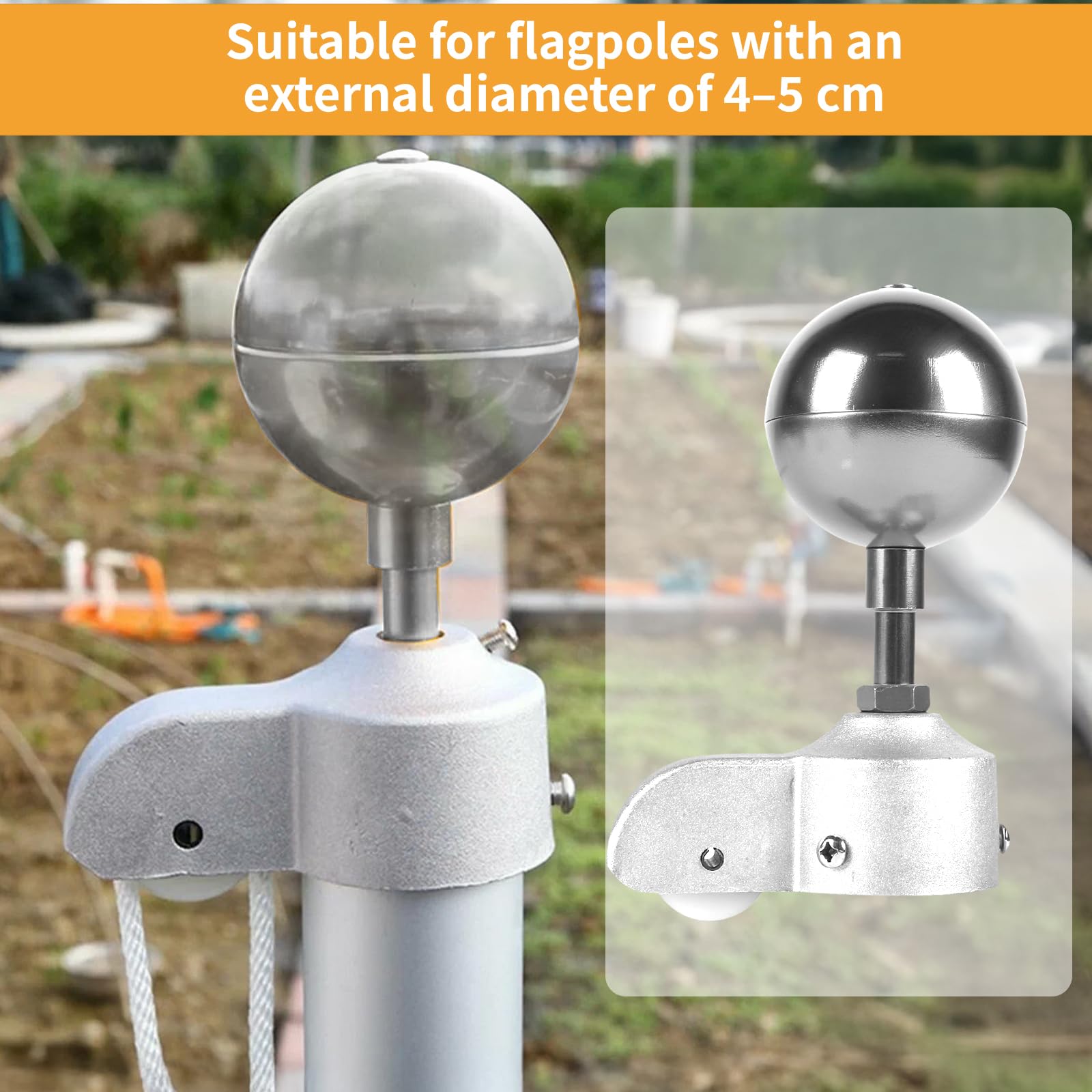 DBREAKS Fahnenmast Zubehör Set für Ø 5,1 cm Mastspitzen, Fahnenmast Reparaturset inkl.Kugel, 15m Seil, 4 Karabiner, Klampe, Topper mit Seilrolle, für Gartendekoration Heimgebrauch Außenbereich, Silver