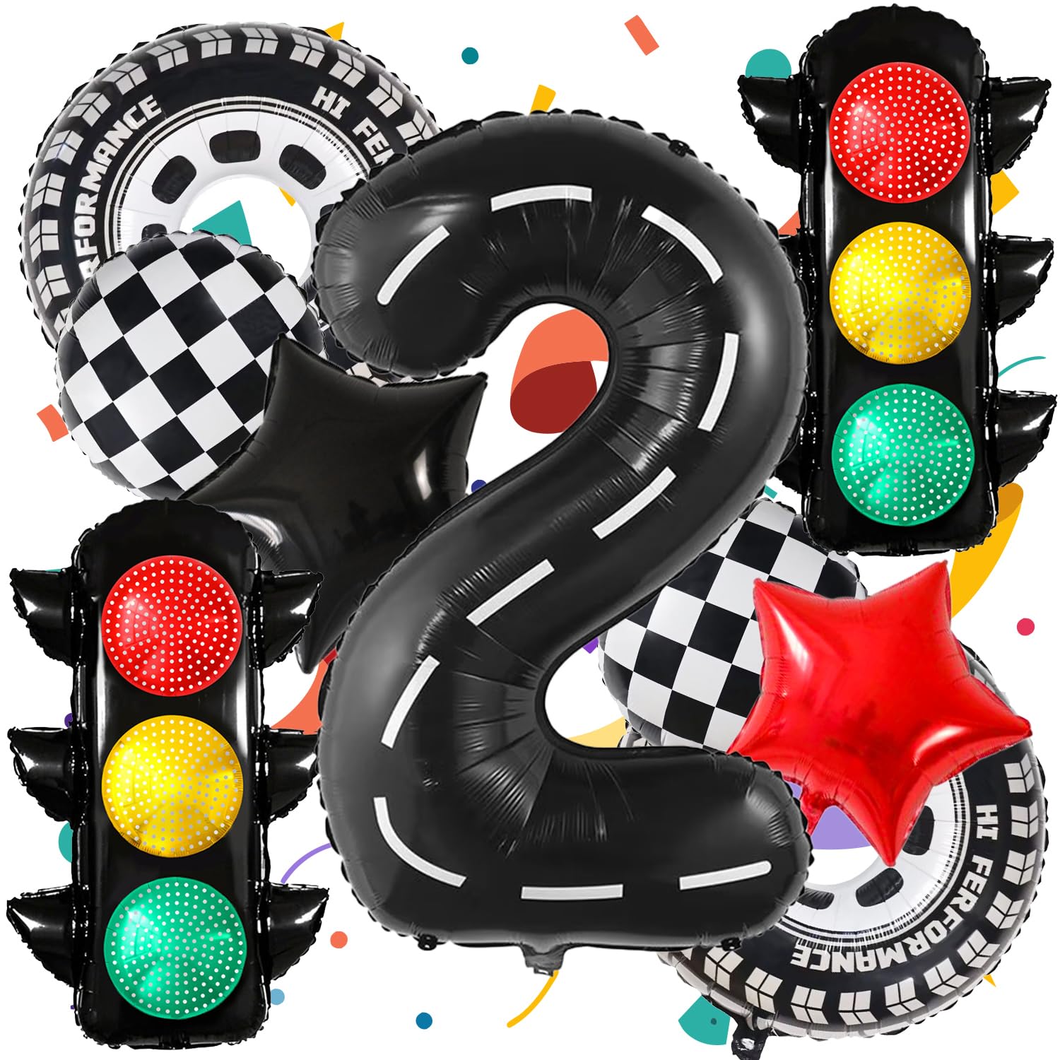 9Pcs Race Car Balloons，40 Inch Racetrack Number 2 Balloon，Traffic Light Balloons，2nd Birthday Race Car Theme Party Decor Supplies（2nd）